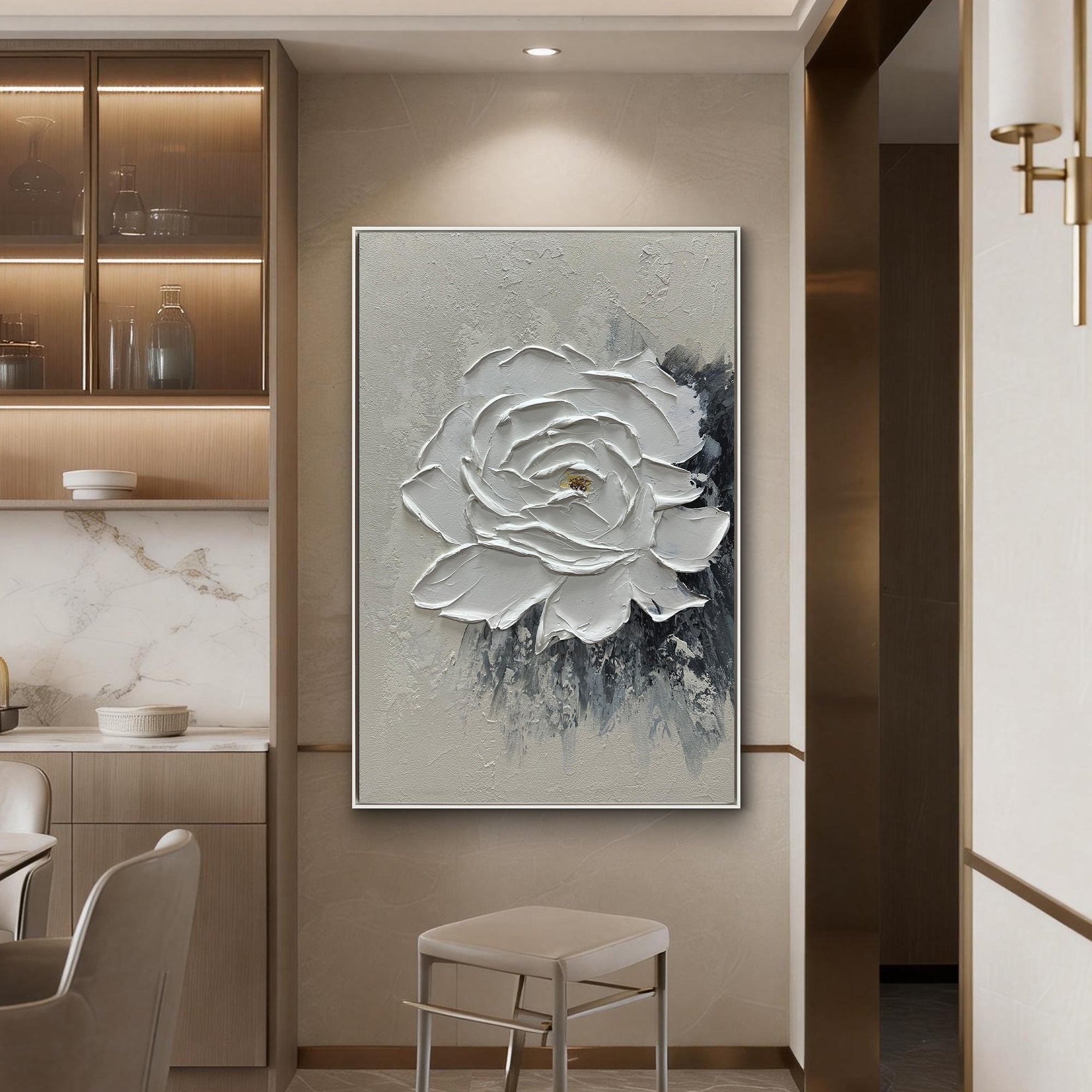 VANILLA SCULPT: 3D Heavy Texture White Rose Wall Art, Modern Plaster Relief Floral Painting