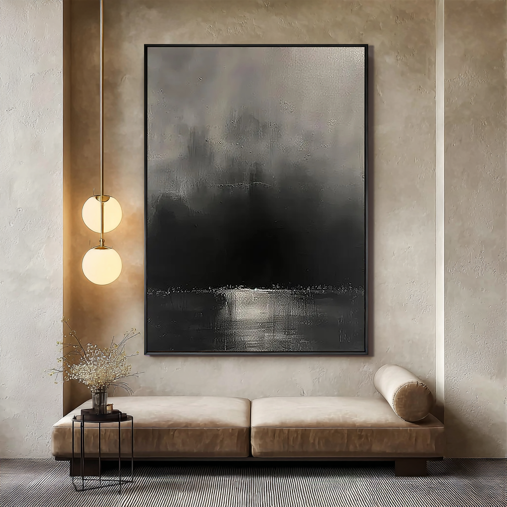 MYSTIC VOID: Minimalist Wall Art, Hand-Painted Charcoal Black and Grey Mist 3D Heavy Texture Plaster Effect Studio Art