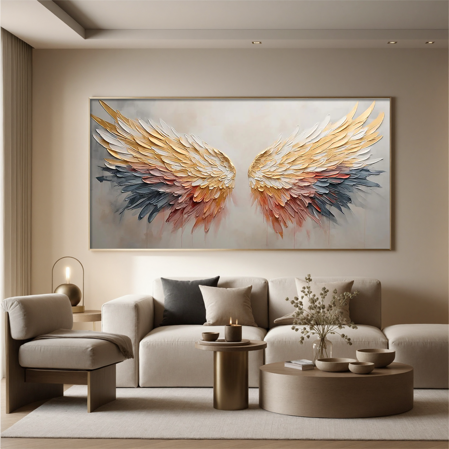 Celestial Ascent – Gold & Rose Pink Feather Relief Texture Painting | Modern Luxury Metallic Living Room & Hotel Art