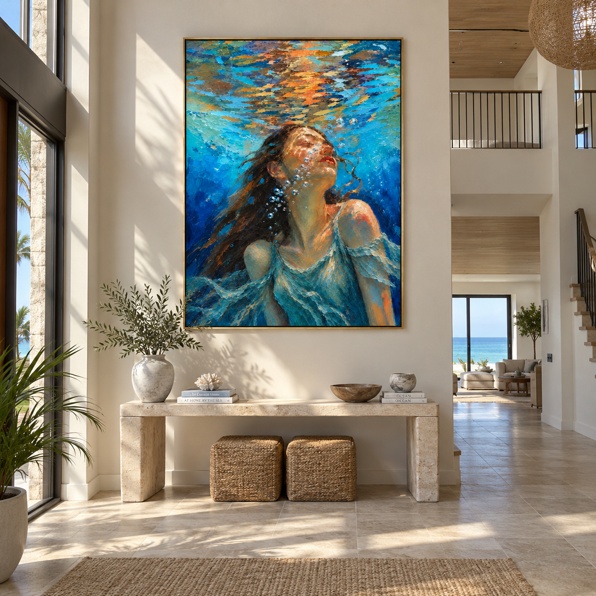 Sunlit Current – Woman Rising Under Turquoise Water Painting | Retro Modern Vertical Wall Art