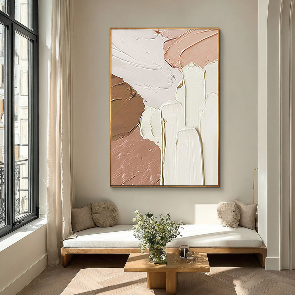 Tactile Flow – Heavy Impasto Neutral Abstract | Wabi-sabi Plaster Texture Modern Hallway Art