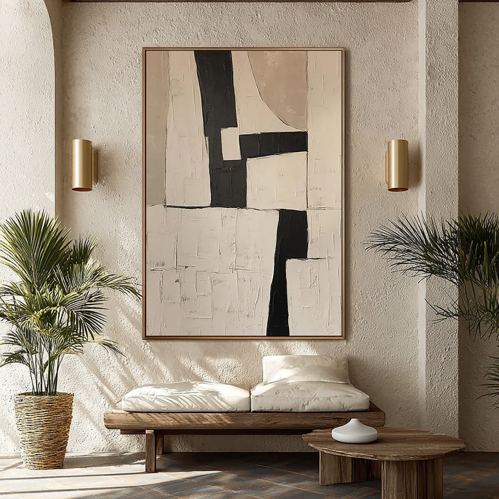 Monolith Trace – Hand-Painted Black and Beige Plaster Relief Wabi-Sabi Painting | Japandi Organic Wabi-Sabi Living Room & Hallway Art