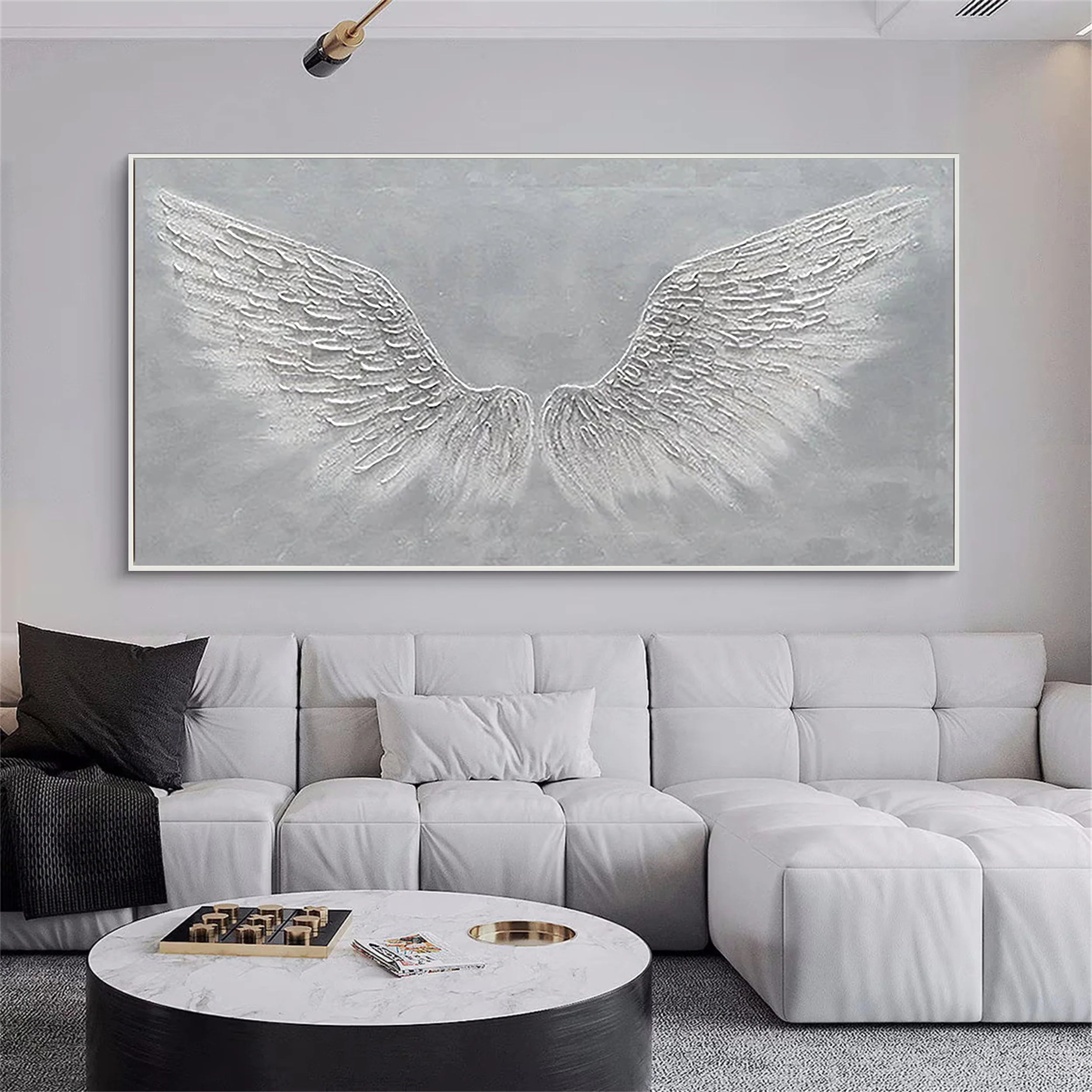 Angelic Reach – Silver-Grey Plaster Relief Texture Painting | Contemporary Plaster Texture Living Room & Office Art