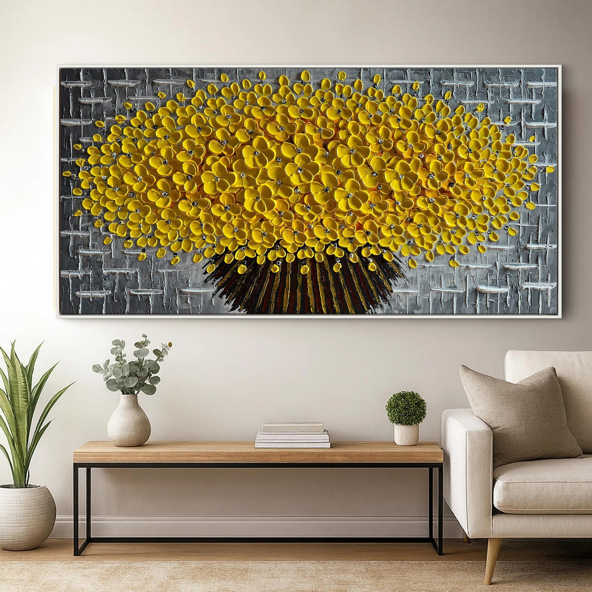 Golden Glow – Luxury Yellow Flower Tree Relief Floral Painting | Modern Luxury Botanical Bedroom & Living Room Art