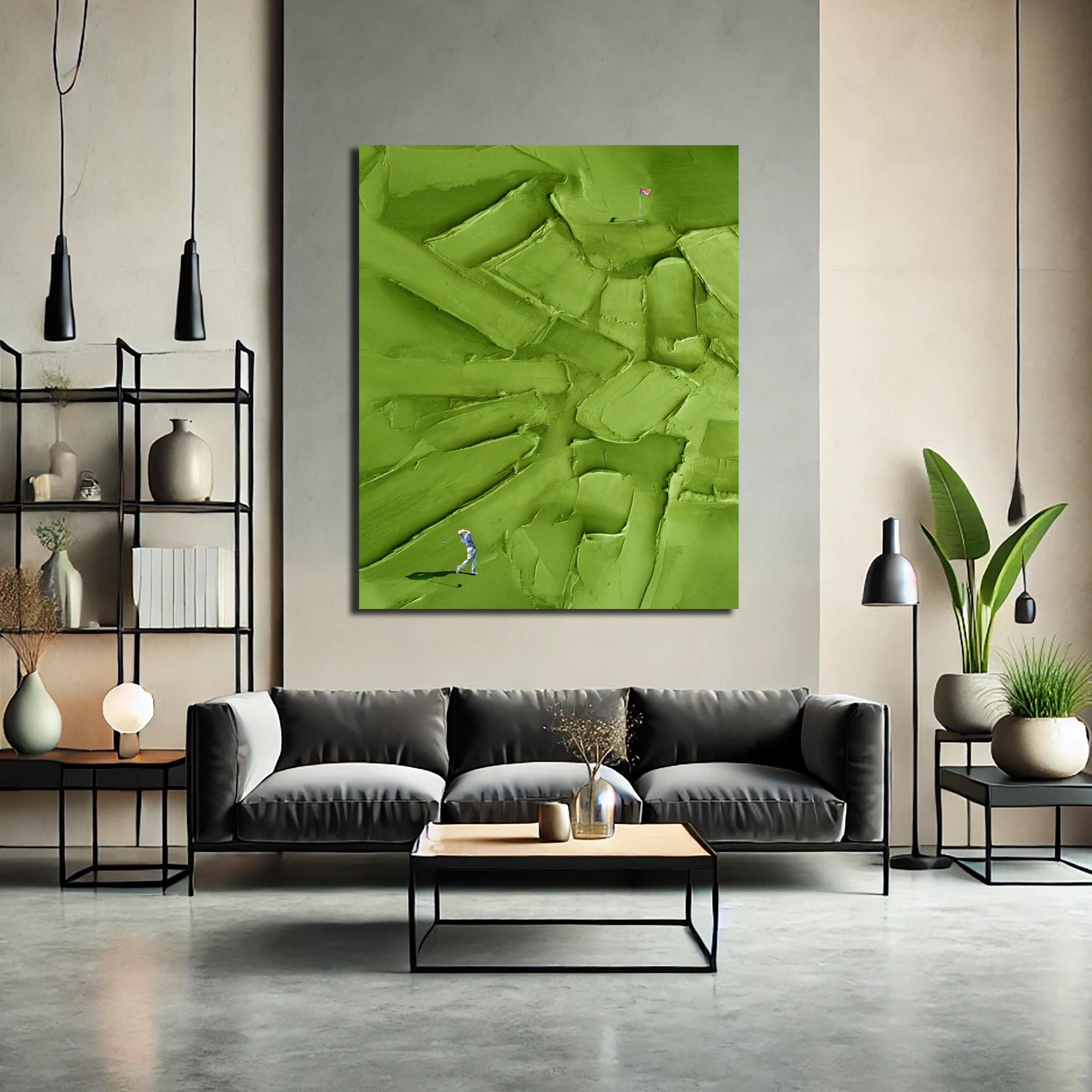 Creamy Green – Hand-Painted Olive Green 3D Heavy Texture Golf Course Athletes Sport Painting | Contemporary Sport Home Office & Living Room Art