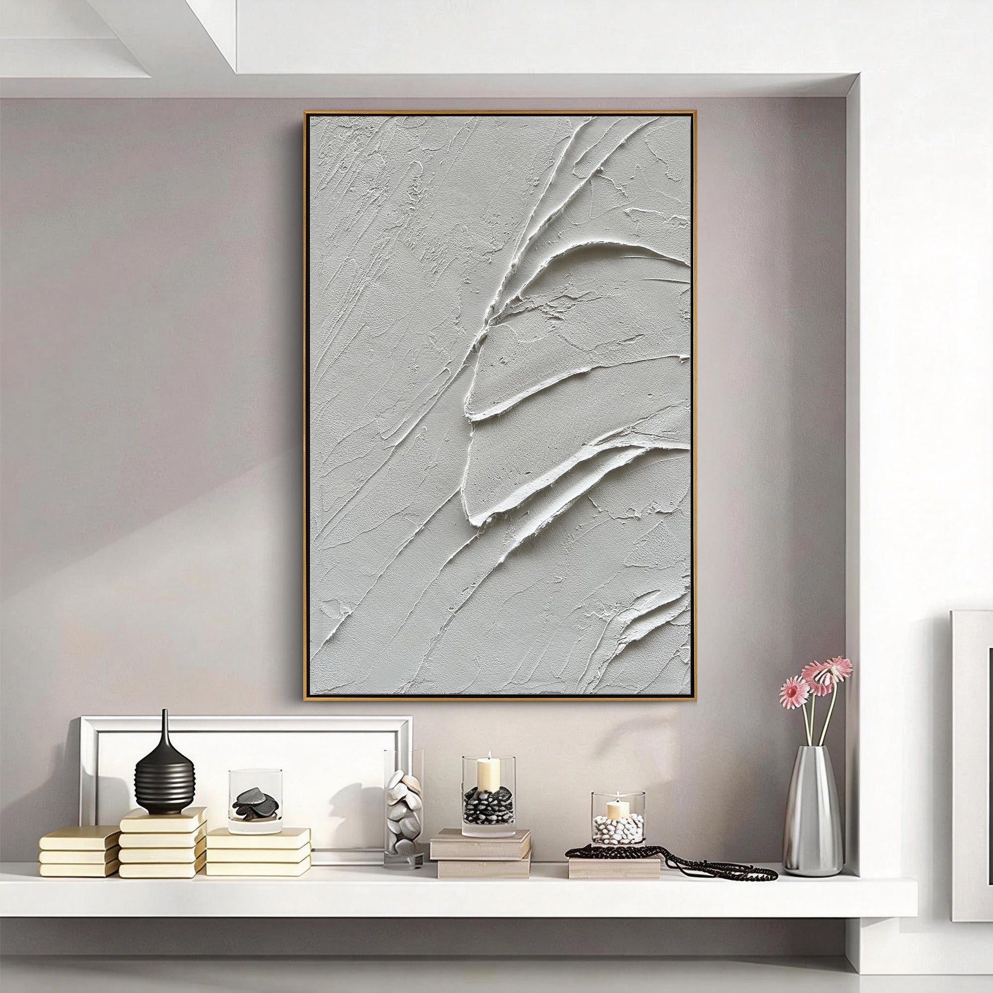 Fractured Calm – Modern White Abstract Relief Minimalist Painting | Modern Minimalist Bedroom & Home Office Art