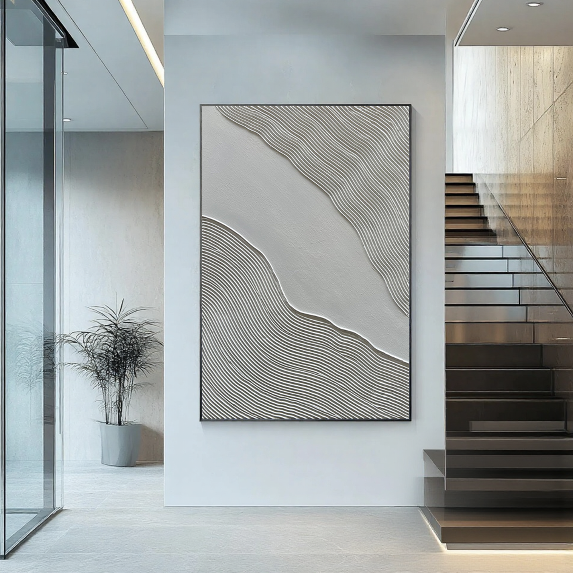 Silent Ripples – Wabi-sabi Linear Texture Painting | Minimalist Grey 3D Relief Hallway Art
