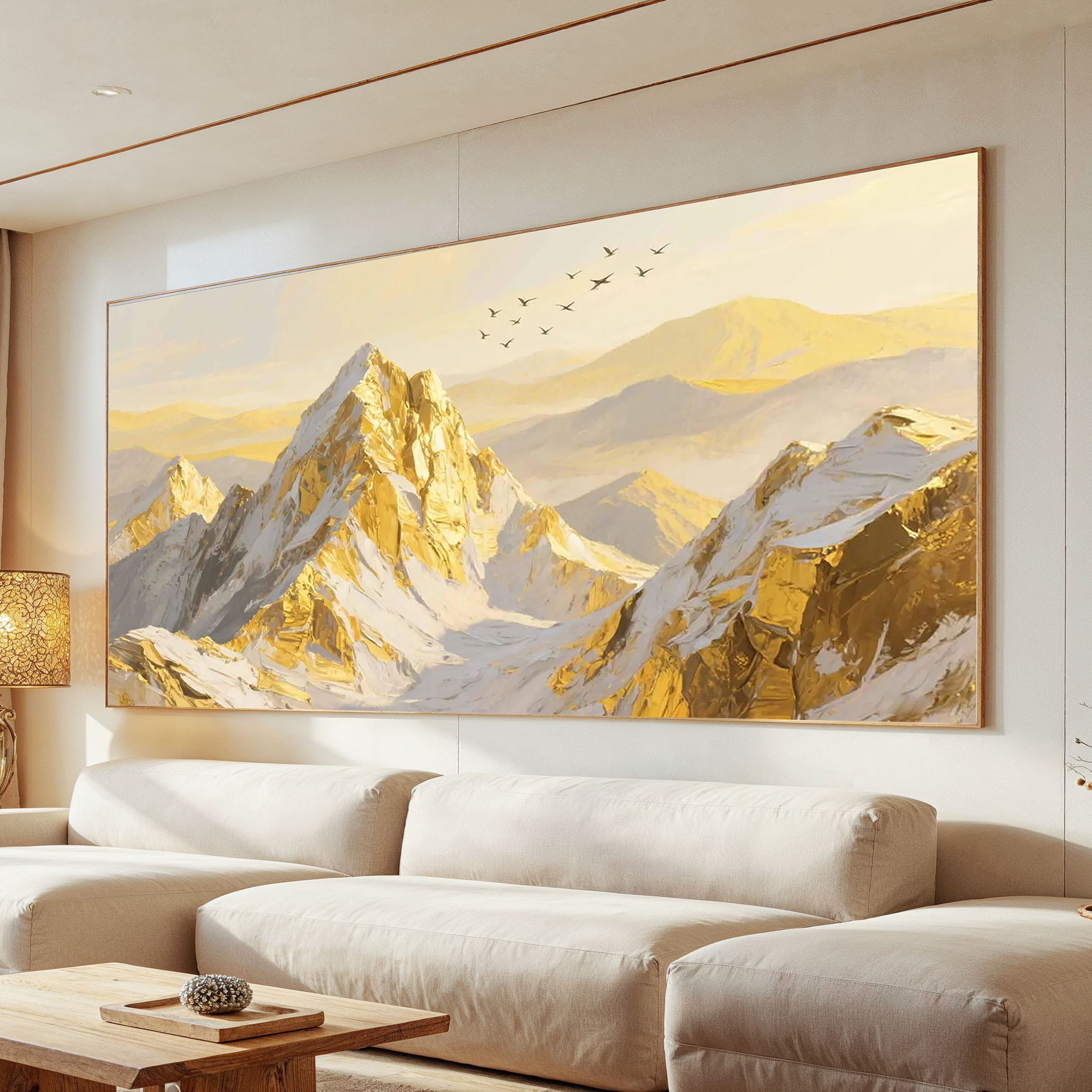 Golden Summit – Hand-Painted Alpine Snow Peak Landscape Palette Knife Oil Mountain Painting | Contemporary Mountain Living Room & Home Office Art