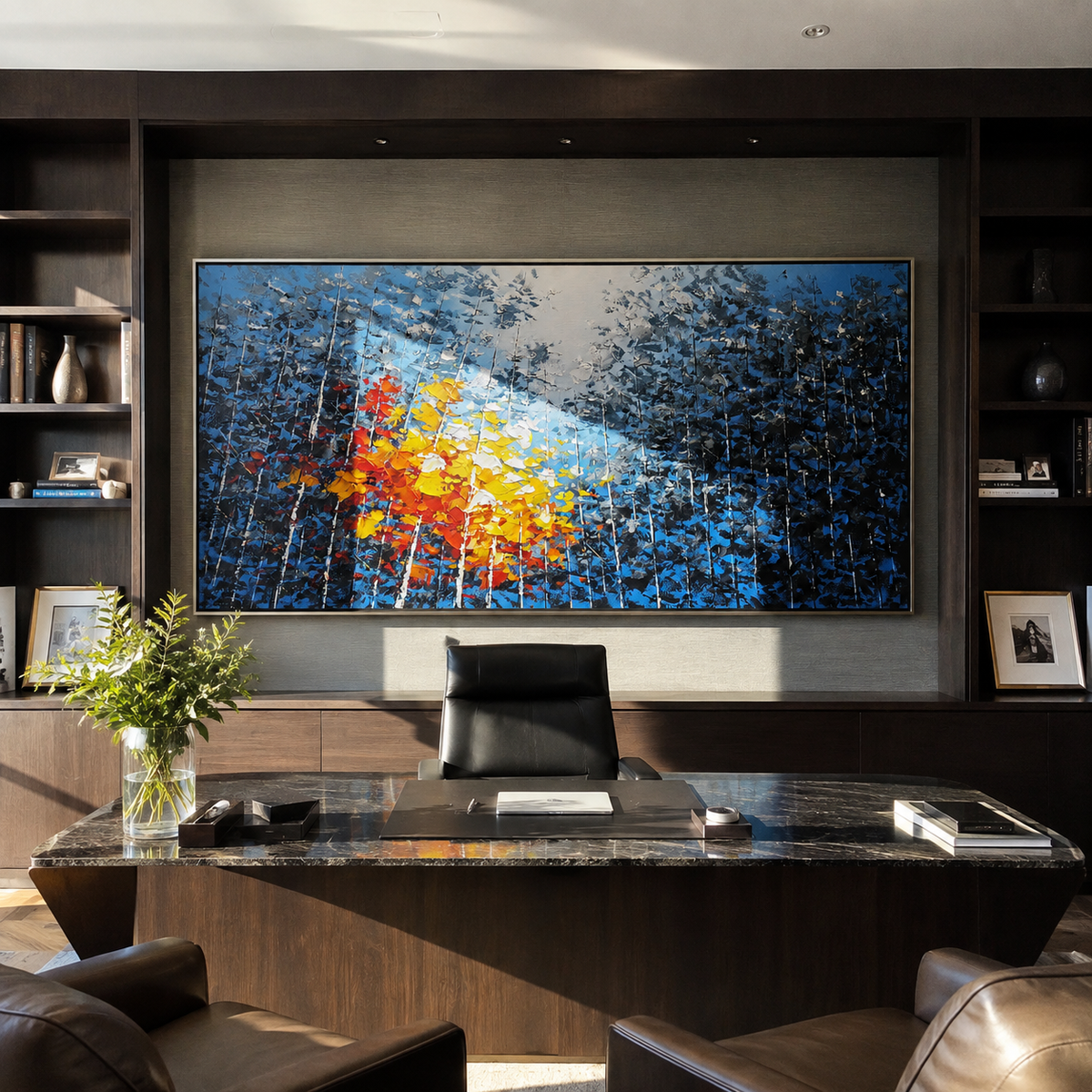 Birches Catch the Light – Blue & Gold Birch Grove Painting | Textured Panoramic Living Room Wall Art