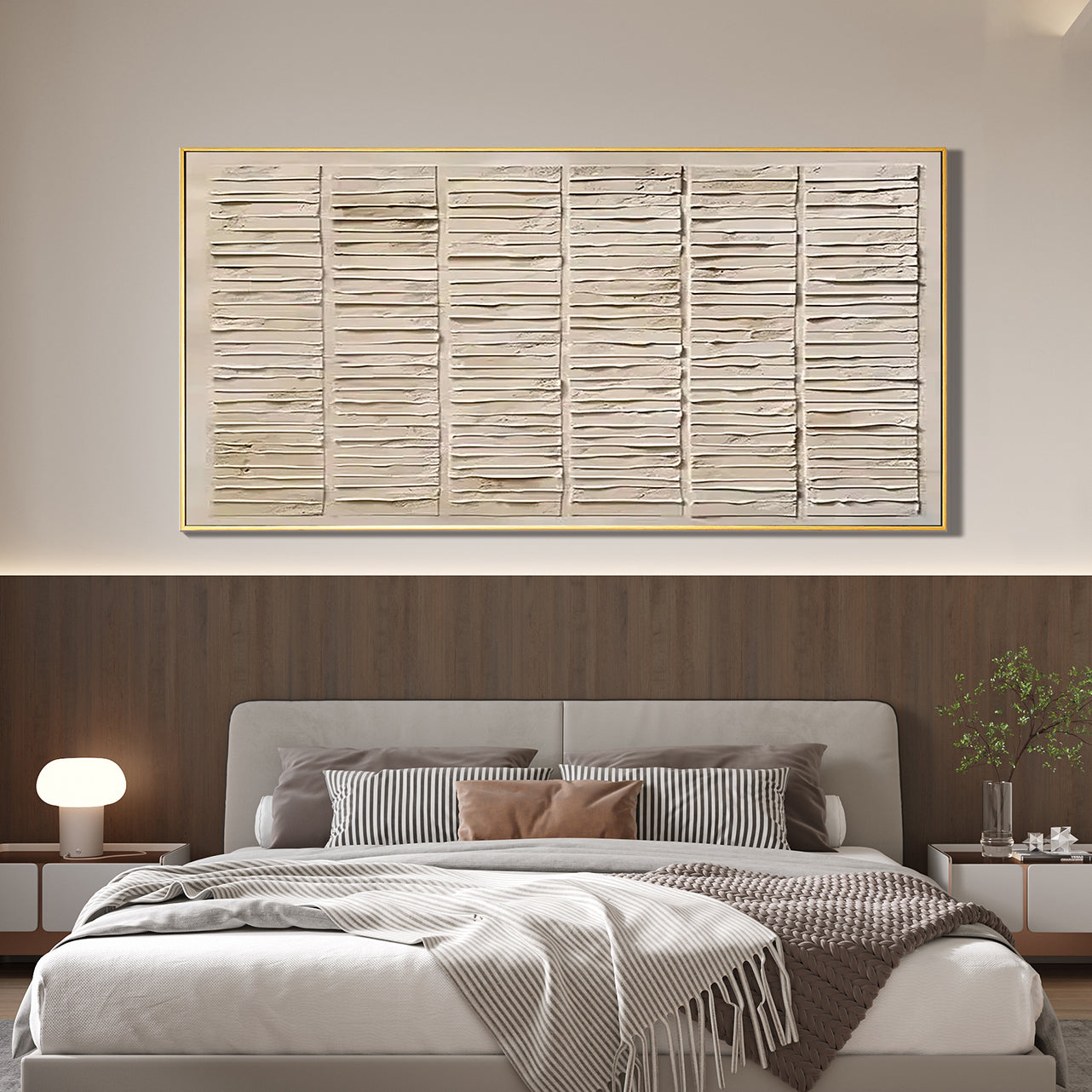 Rhythmic Lines – Modern Neutral Plaster Relief Linear Wabi-Sabi Painti