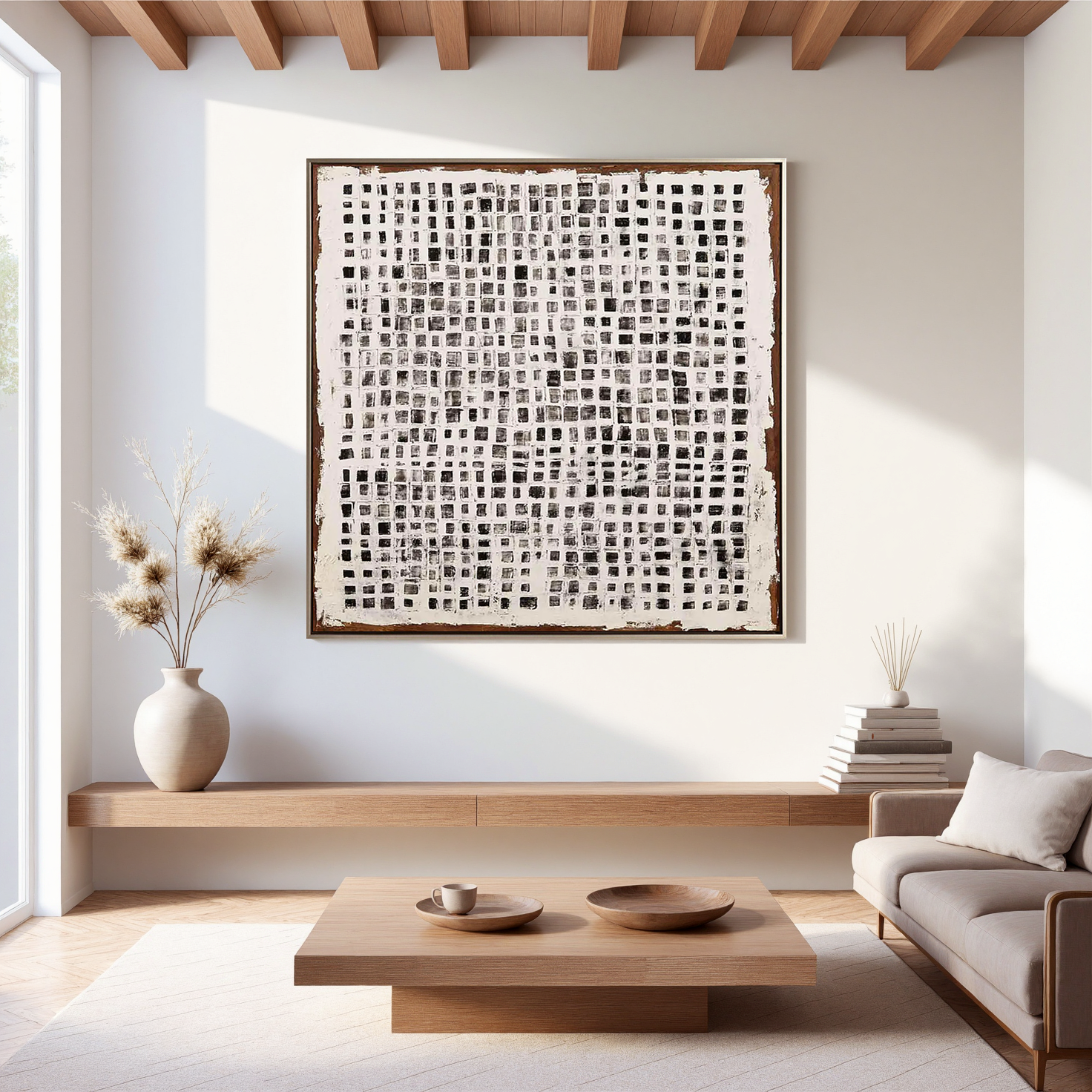 Monochrome Mosaic – Industrial Black and White Grid Impasto Painting | Avant-Garde Expressionist Living Room Art
