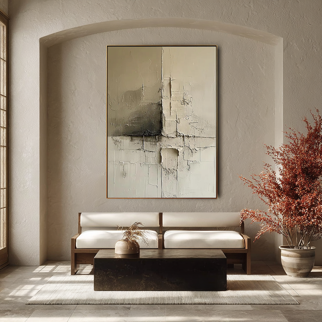 Ancient Trace – Hand-Painted Neutral Beige and Grey Plaster Effect Relief Texture Painting | Japandi Organic Texture Living Room & Bedroom Art