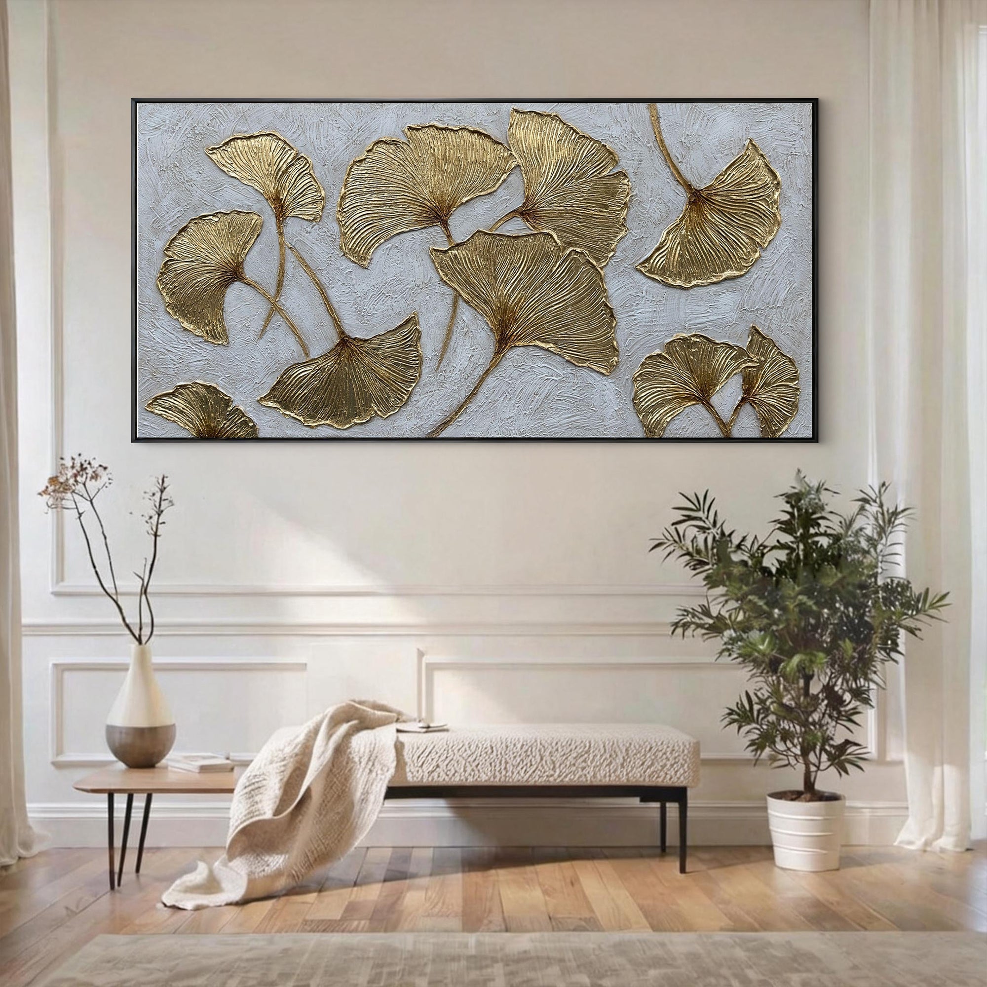 Gilded Leaves – Modern Gold Leaf Relief Texture Painting | Modern Luxury Metallic Living Room & Hotel Art