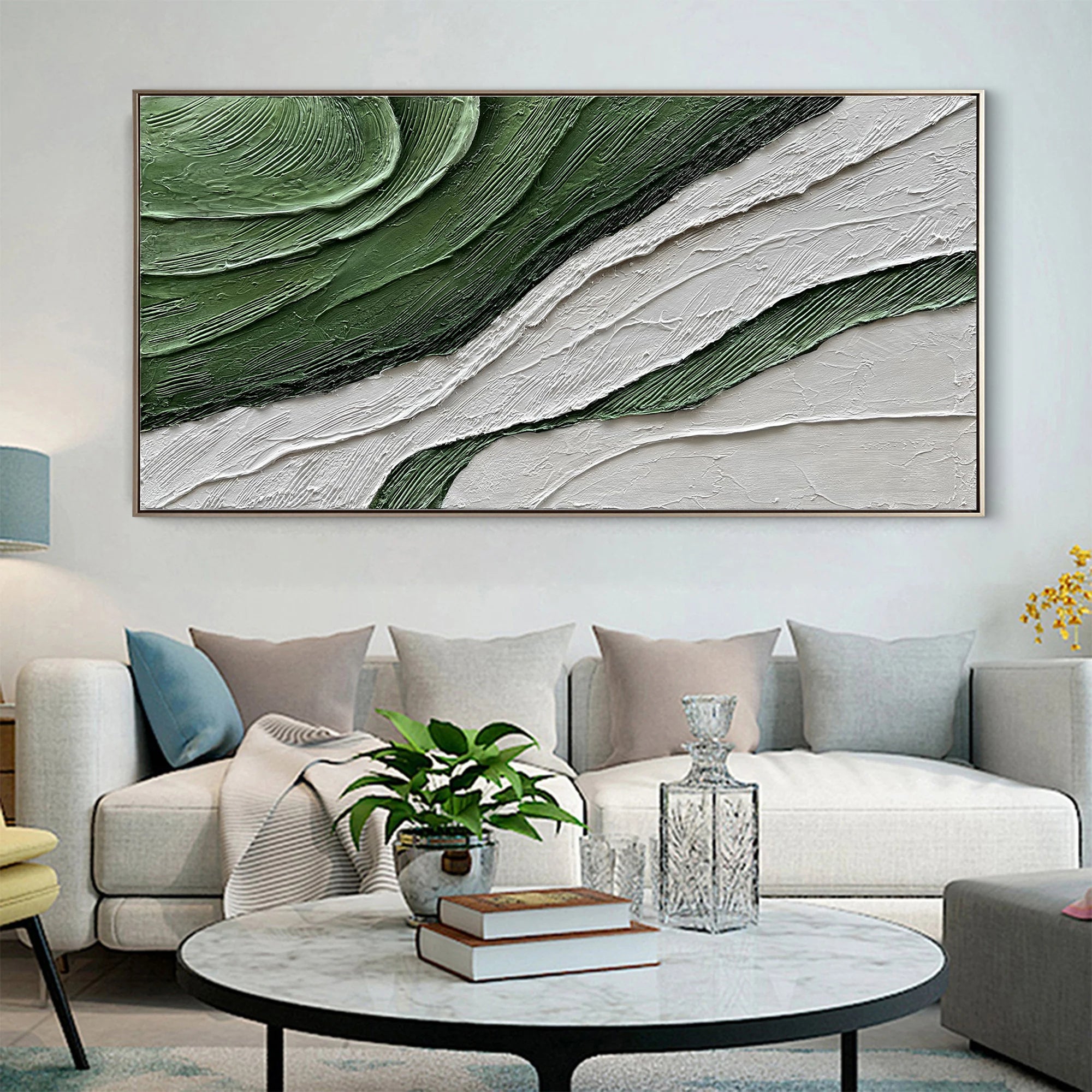 Verdant Echoes – Modern Wabi-Sabi Green Textured Painting | Minimalist Abstract Living Room Art