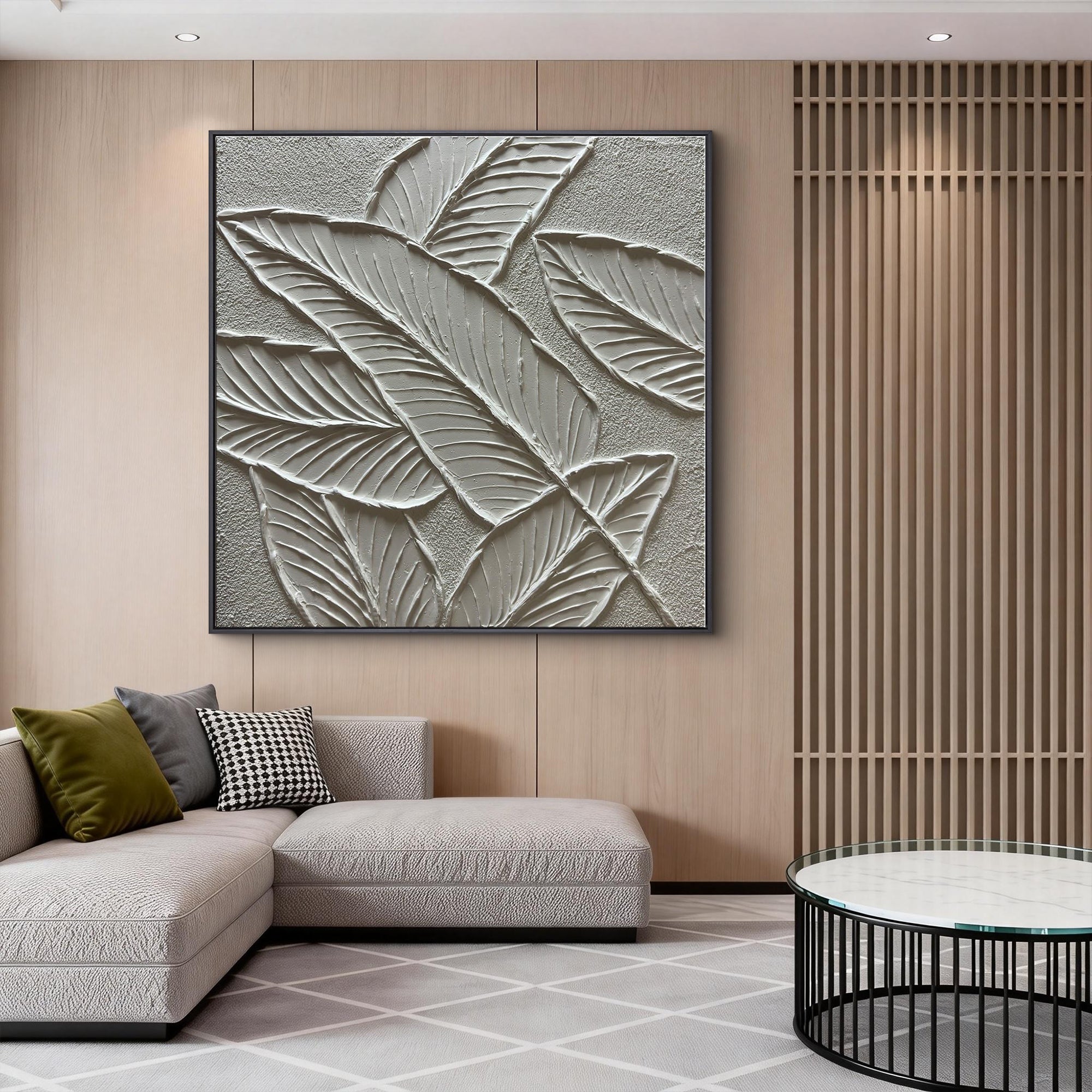 Tropical Repose – White Plaster Foliage Relief Texture Painting | Contemporary Botanical Bedroom & Living Room Art