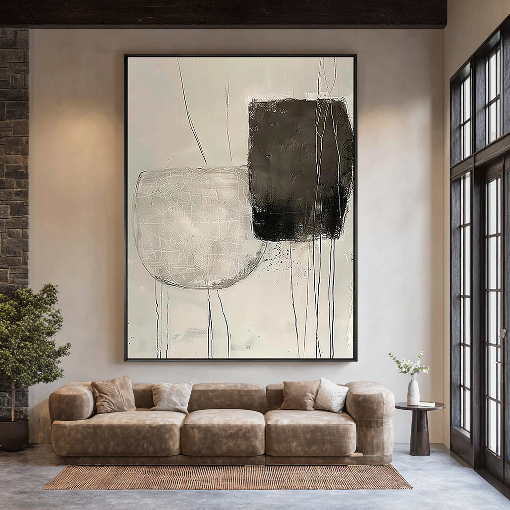 Zen Balance – Hand-Painted Minimalist Black and Grey Plaster Effect Abstract Wabi-Sabi Painting | Japandi Wabi-Sabi Living Room & Bedroom Art
