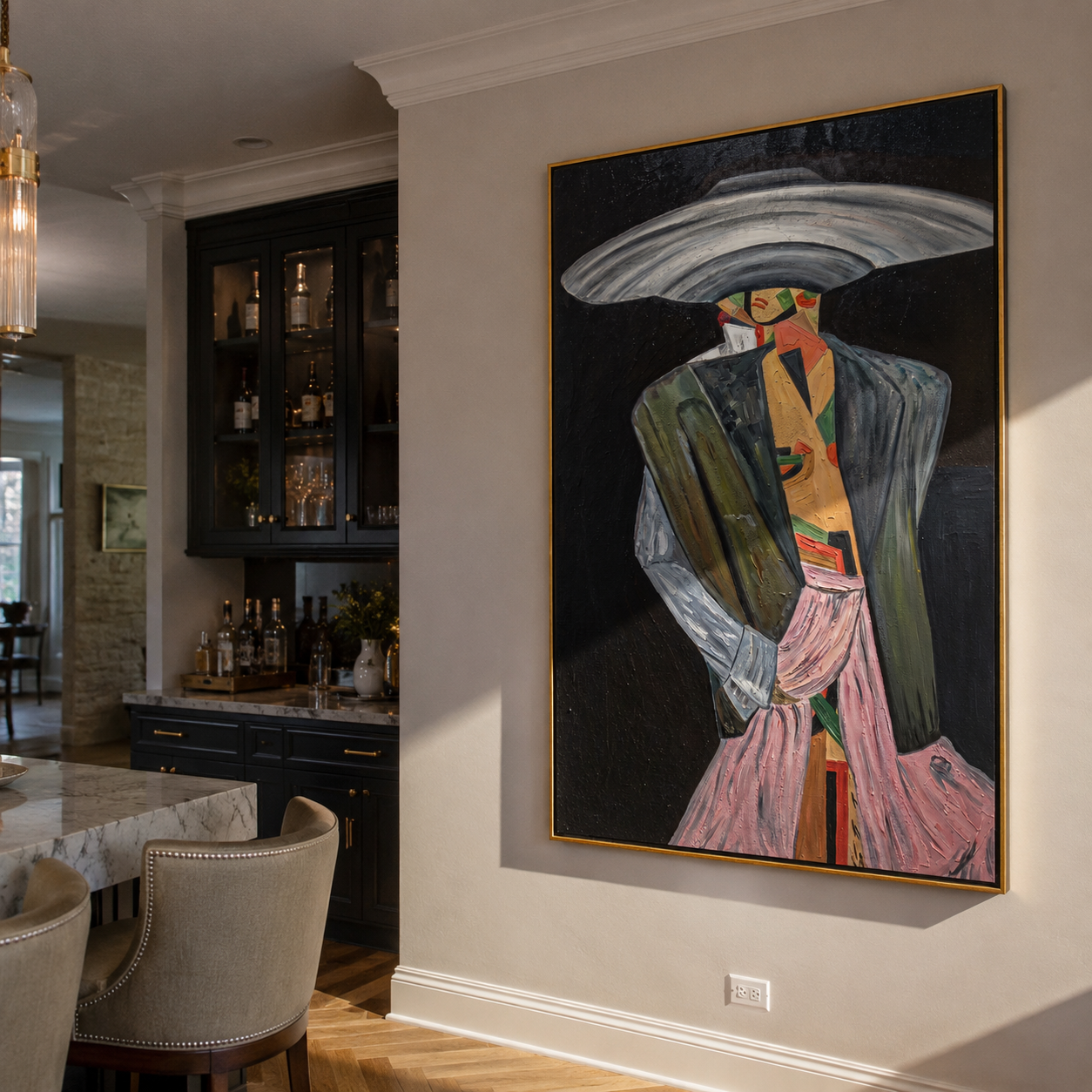 Silver Brim Takes Stage – Gray Fashion Figure Painting | Retro Modern Vertical Wall Art