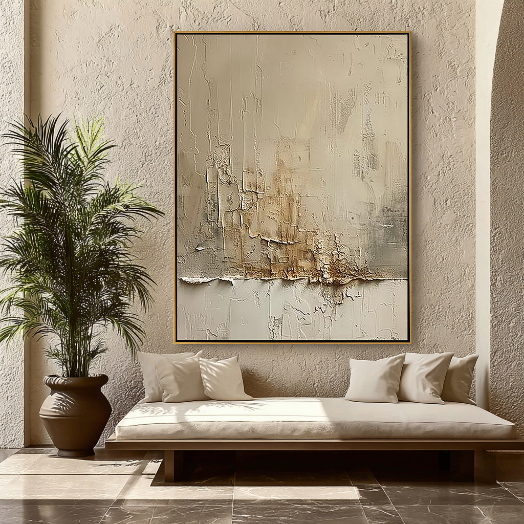 ARCTIC STRATA: Texture Wall Art, Hand-Painted Off-White and Metallic Gold Plaster Relief Heavy Texture Canvas Painting
