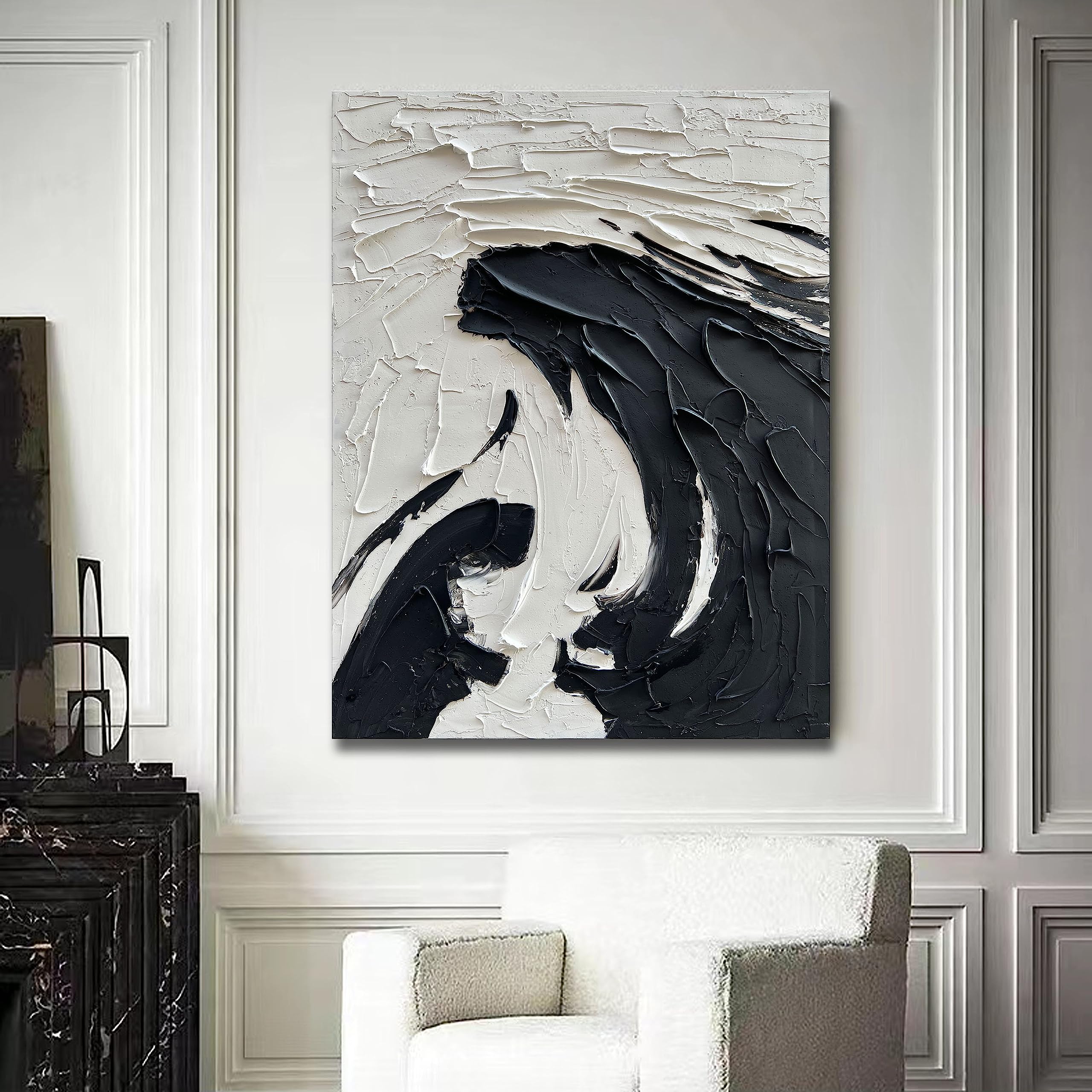 Noir Swirl – Black and White Plaster Relief Abstract Painting | Industrial Abstract Home Office & Living Room Art