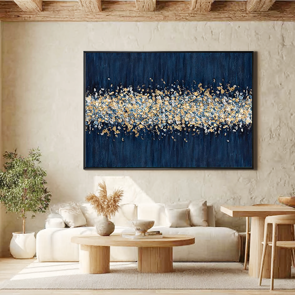 Celestial Tide – Hand-Painted Navy Blue and Gold Foil Abstract Texture Painting | Modern Abstract Living Room & Office Art