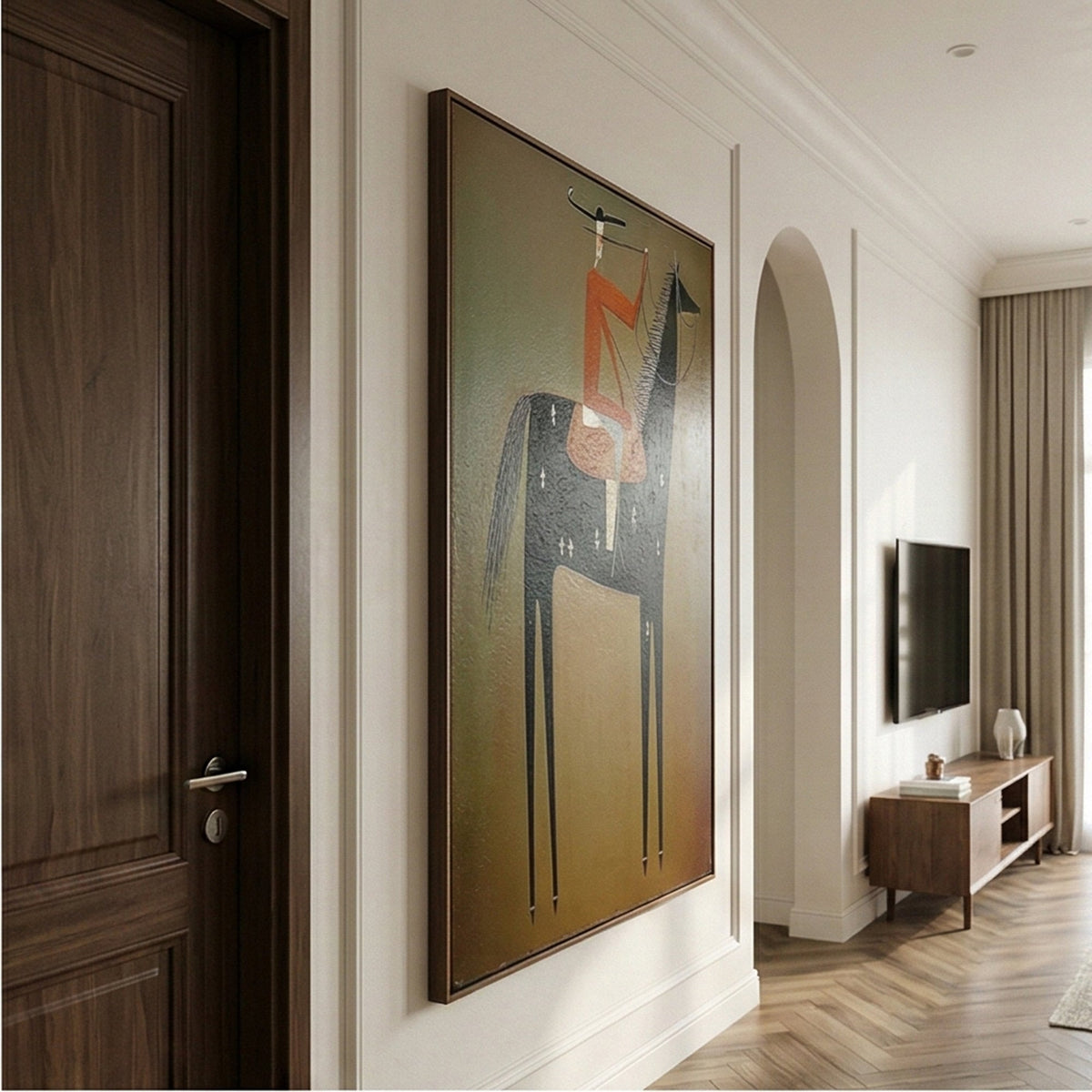 Orange Saddle on Midnight – Modern Western Black Horse Rider Painting | Olive Vertical Wall Art