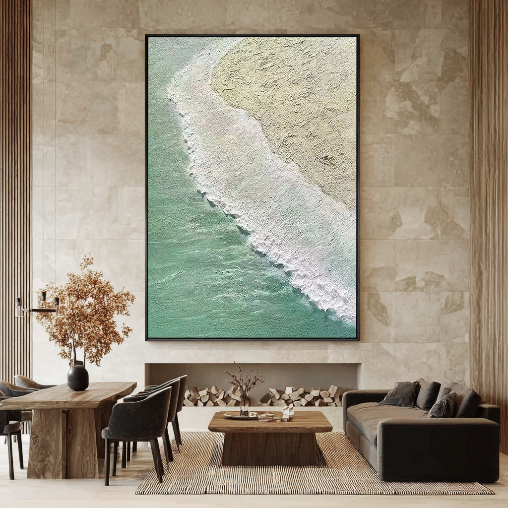 Coastal Rhythm – Hand-Painted Mint Green Sea Foam Aerial View 3D Plaster Effect Nature Painting | Contemporary Landscape Living Room & Dining Room Art