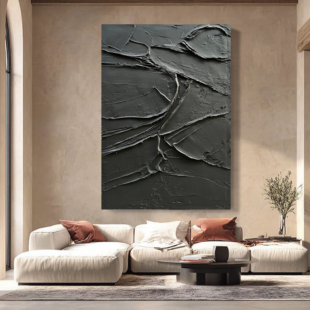 Onyx Ridge – Rugged Plaster Relief Abstract Painting | Modern Abstract Living Room & Office Art
