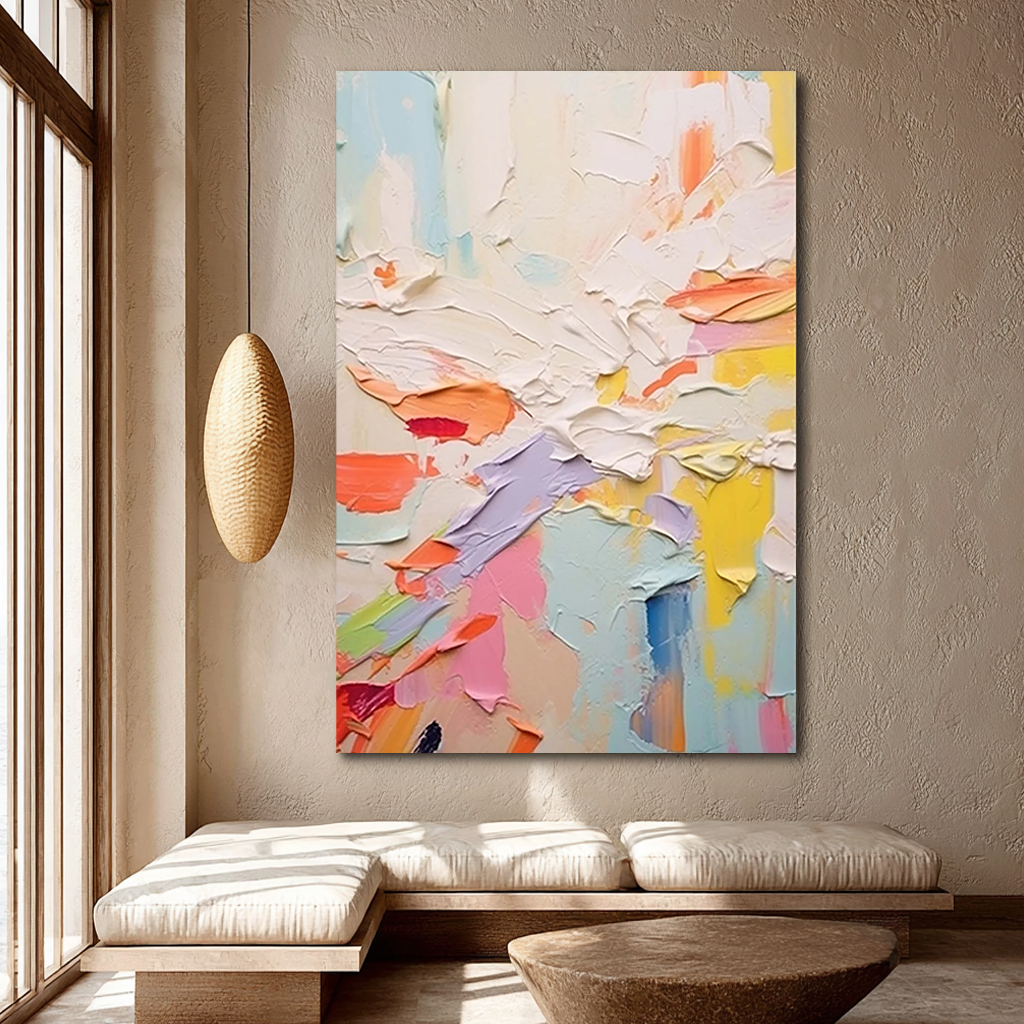 Pastel Energy – Hand-Painted Multicolored Macaron Palette Knife Abstract Painting | Bold Abstract Palette Knife Living Room Art