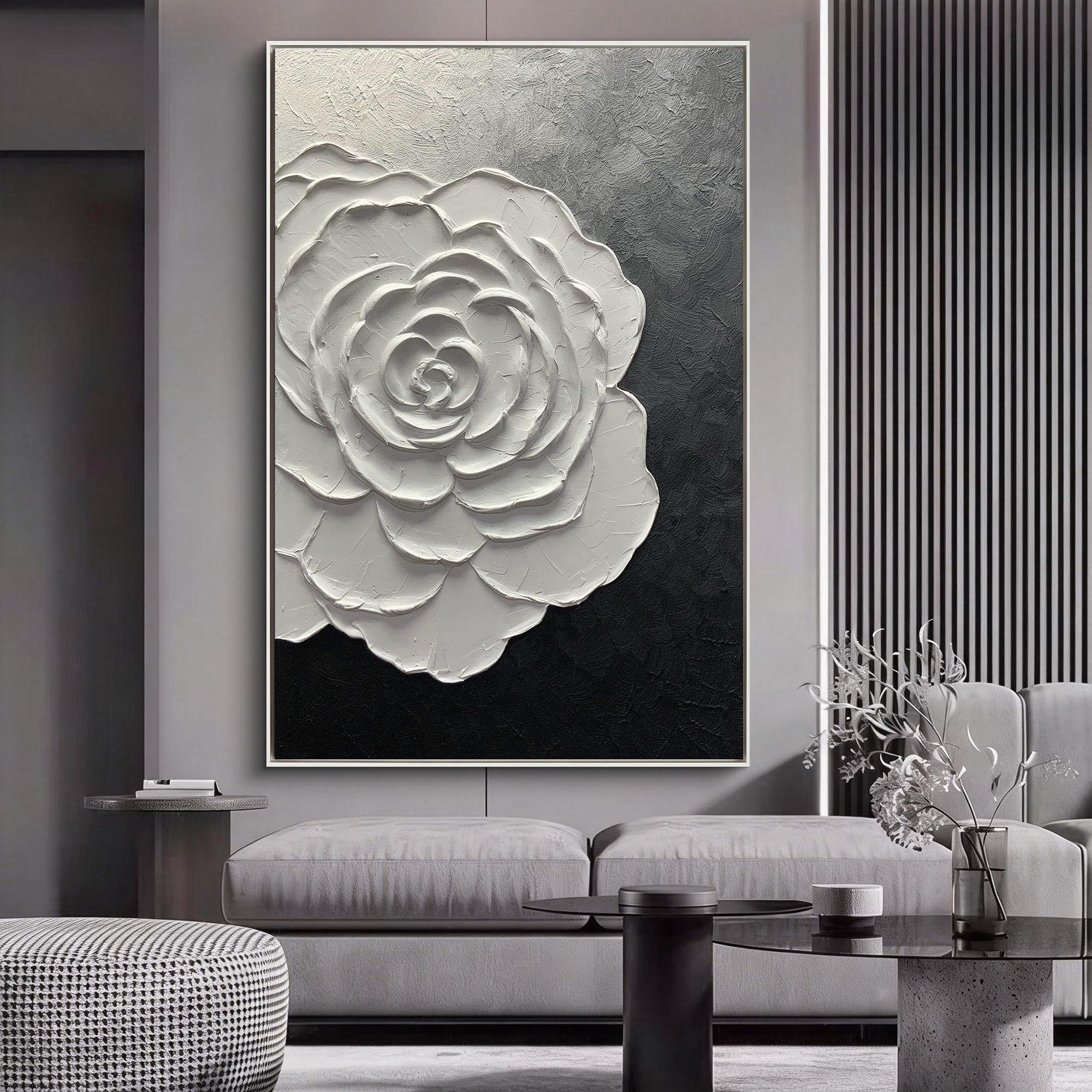 Dawn Blossom – Modern Minimalist Black-and-White Textured Painting |  White Rose Living Room Art