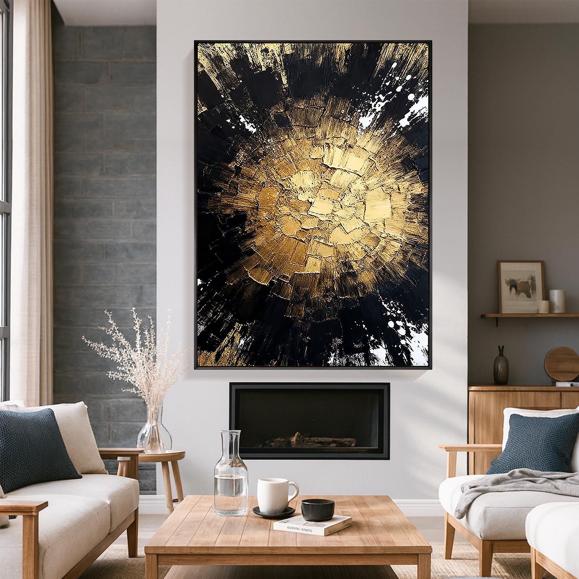 Cosmic Dawn – Modern Luxury Gold & Black Heavy Textured Painting | Premium Abstract Living Room Art