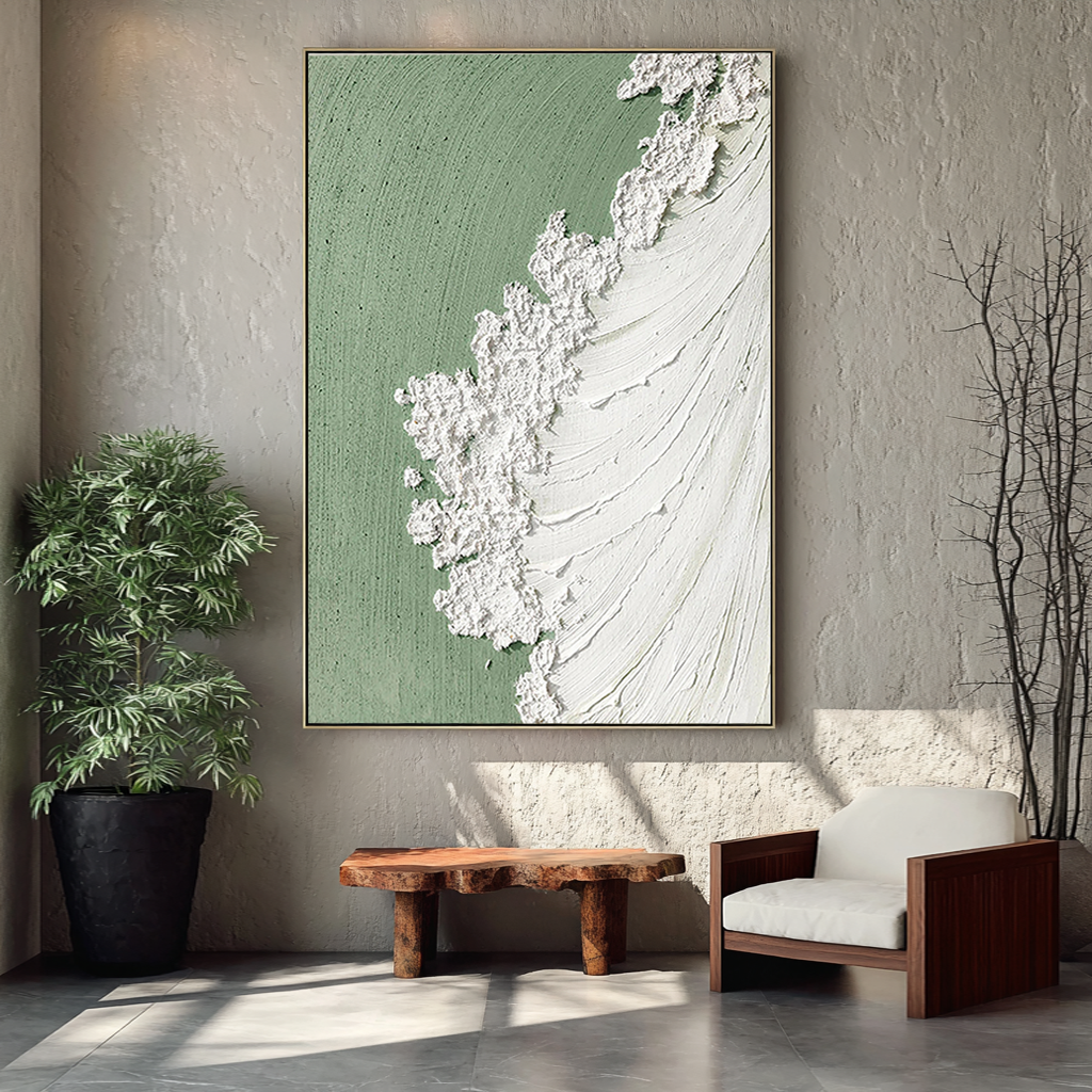 Sage Foam – Heavy Texture Ocean Wave Painting | Wabi-sabi Sage Green Abstract Hallway Art