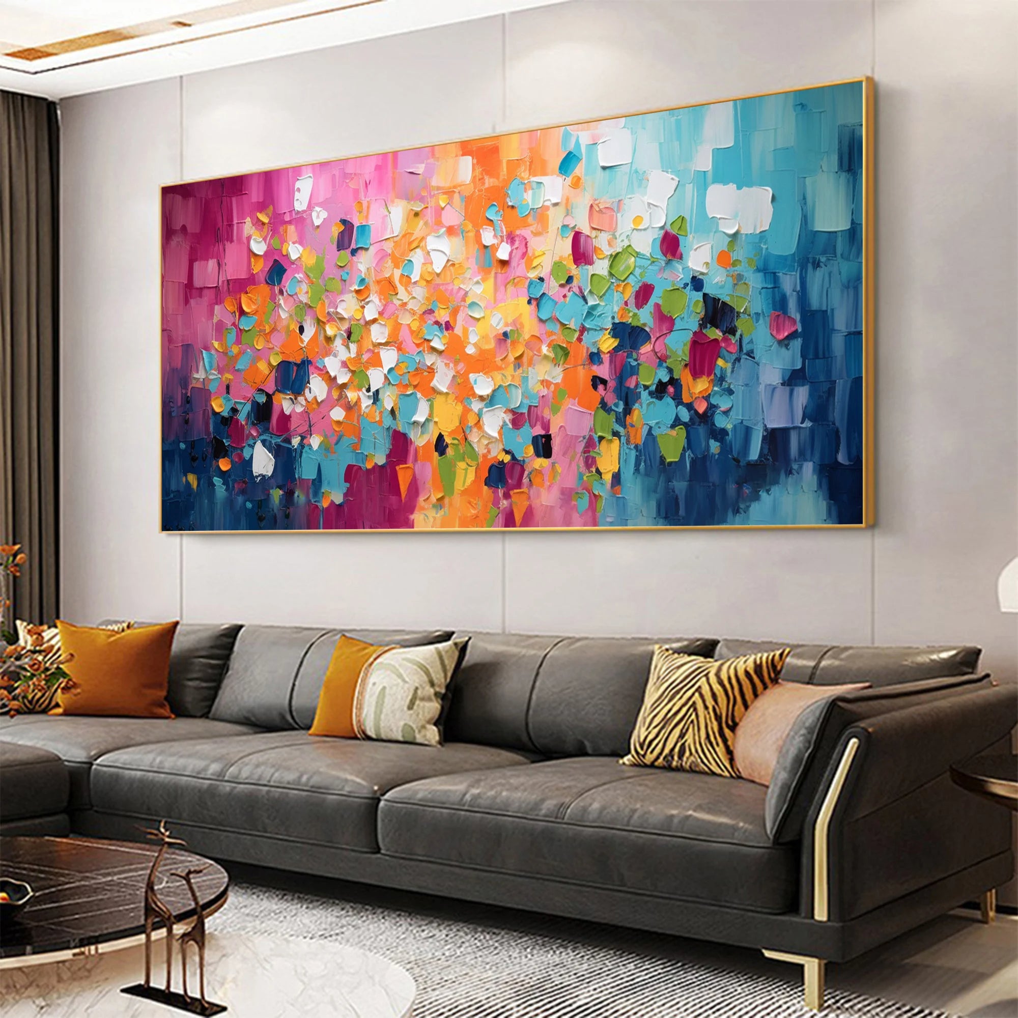 Vibrant Mosaic – Hand-Painted Multicolored Geometric Palette Knife 3D Abstract Painting | Bold Abstract Palette Knife Living Room Art