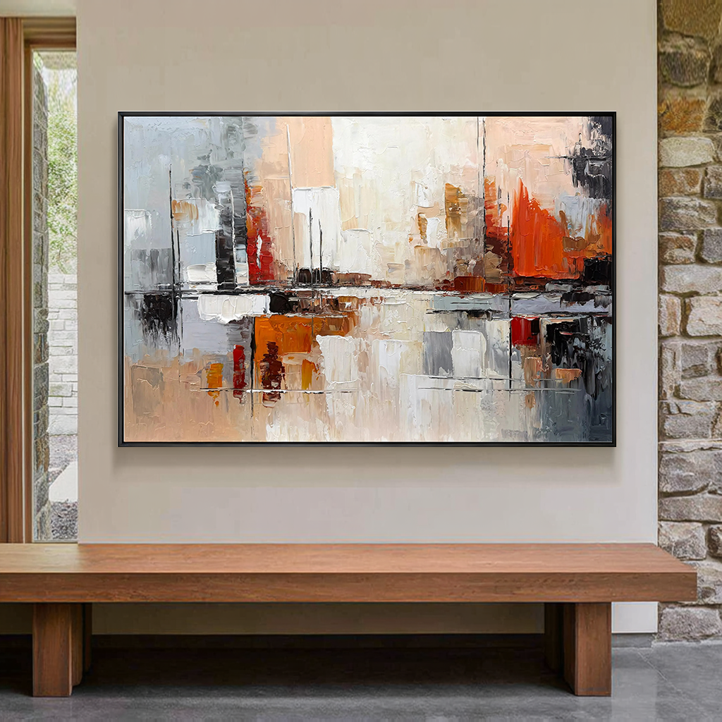 Urban Glow – Modern Orange & Grey Palette Knife Relief Abstract Painting | Modern Abstract Living Room & Office Art