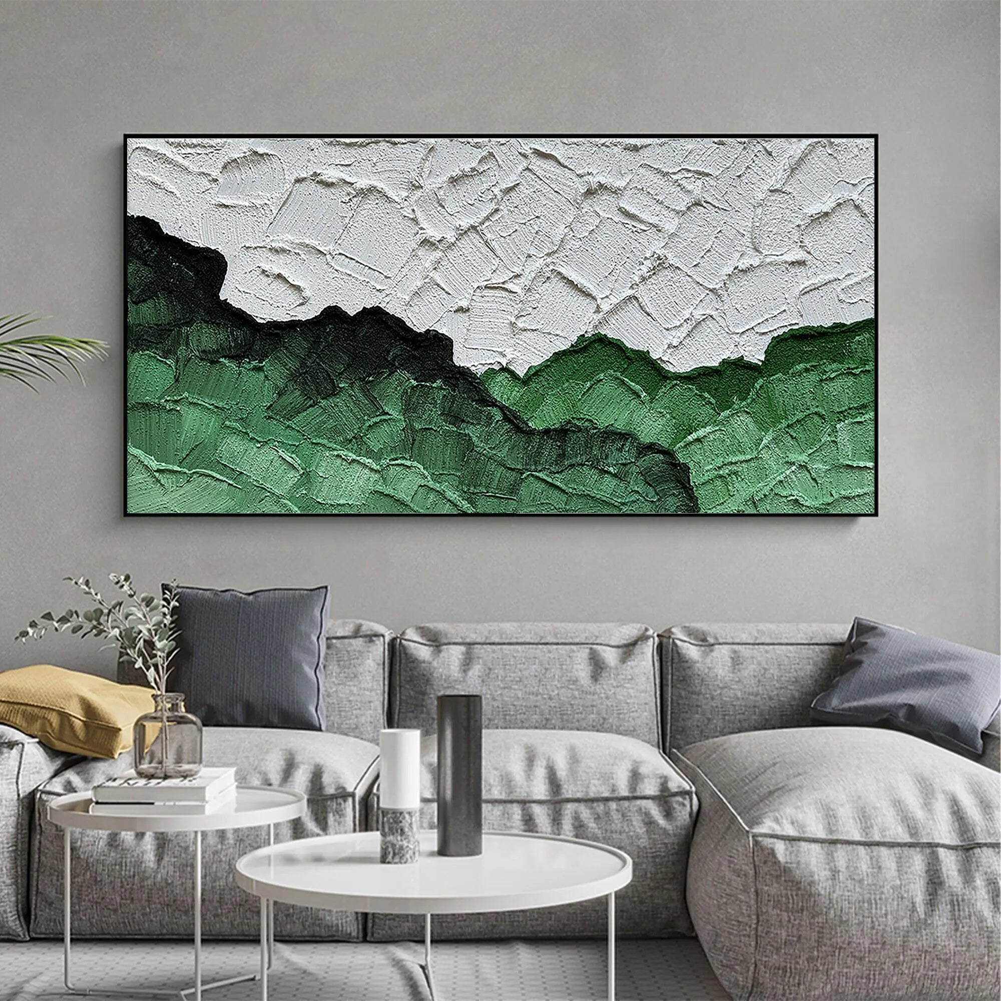 Emerald Ridge – Green & White Relief Abstract Texture Painting | Modern Abstract Living Room & Office Art