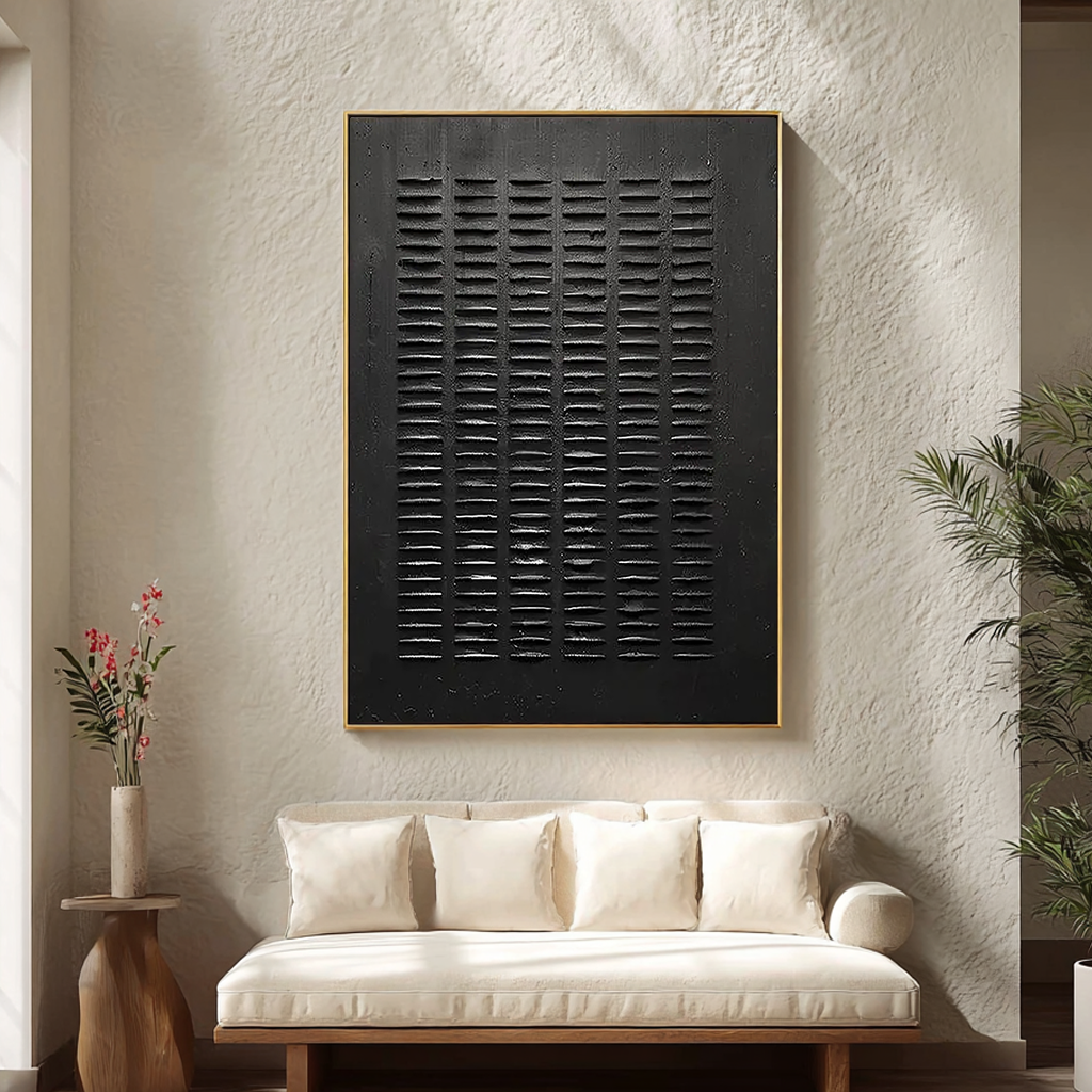 Onyx Matrix – Hand-Painted Minimalist All-Black Plaster Effect Wabi-Sabi Painting | Modern Noir Wabi-Sabi Living Room & Home Office Art