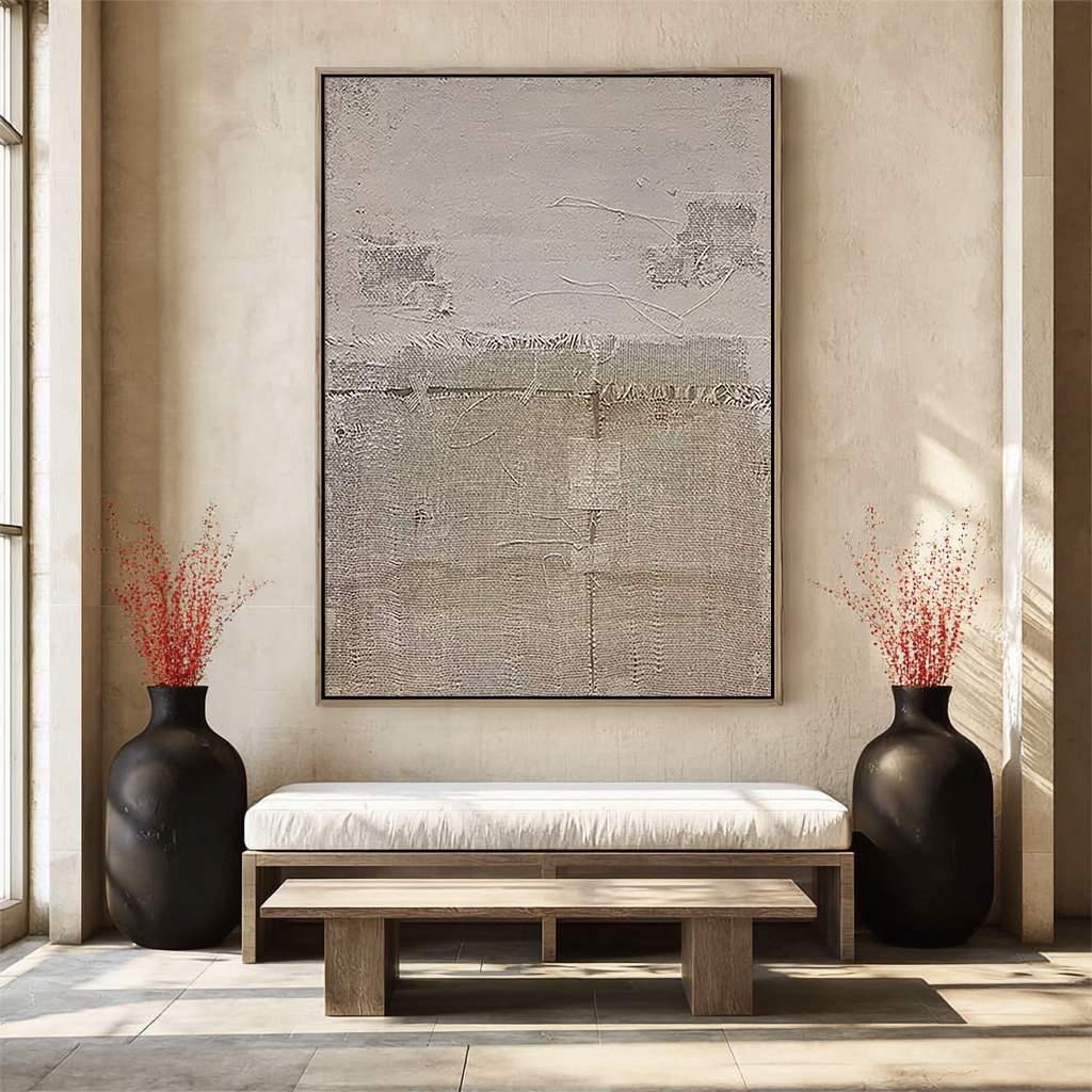 EARTHEN CRUST: Wabi-Sabi Wall Art, Hand-Painted Distressed Grey and Sand Plaster Relief 3D Heavy Texture Studio Art