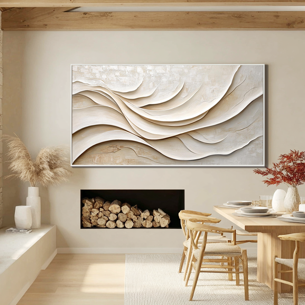 Silk Ripple – Hand-Painted Creamy White Fluid Plaster Relief Minimalist Painting | Modern Minimalist Bedroom & Home Office Art