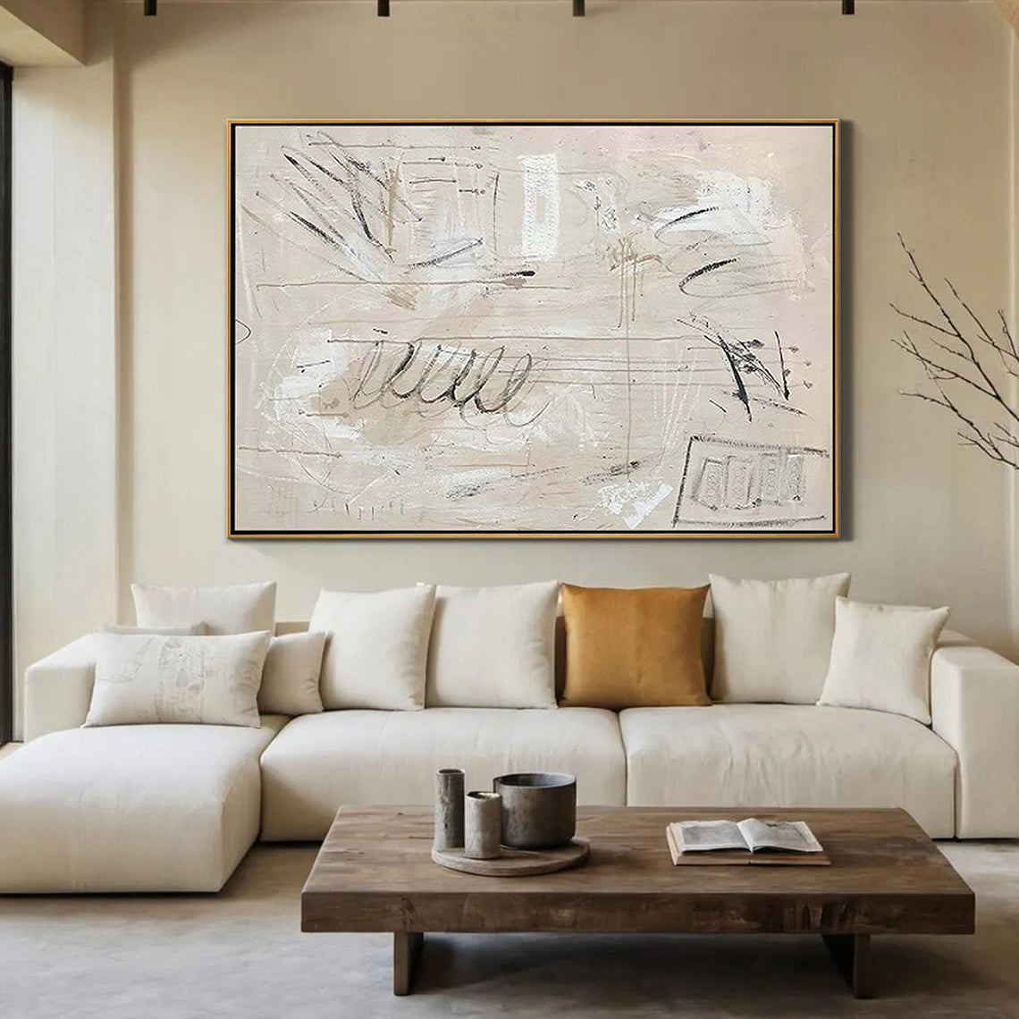 Cream Sketch – Hand-Painted Neutral Beige Abstract Scribble Plaster Effect Wabi-Sabi Painting | Japandi Organic Wabi-Sabi Living Room & Hallway Art