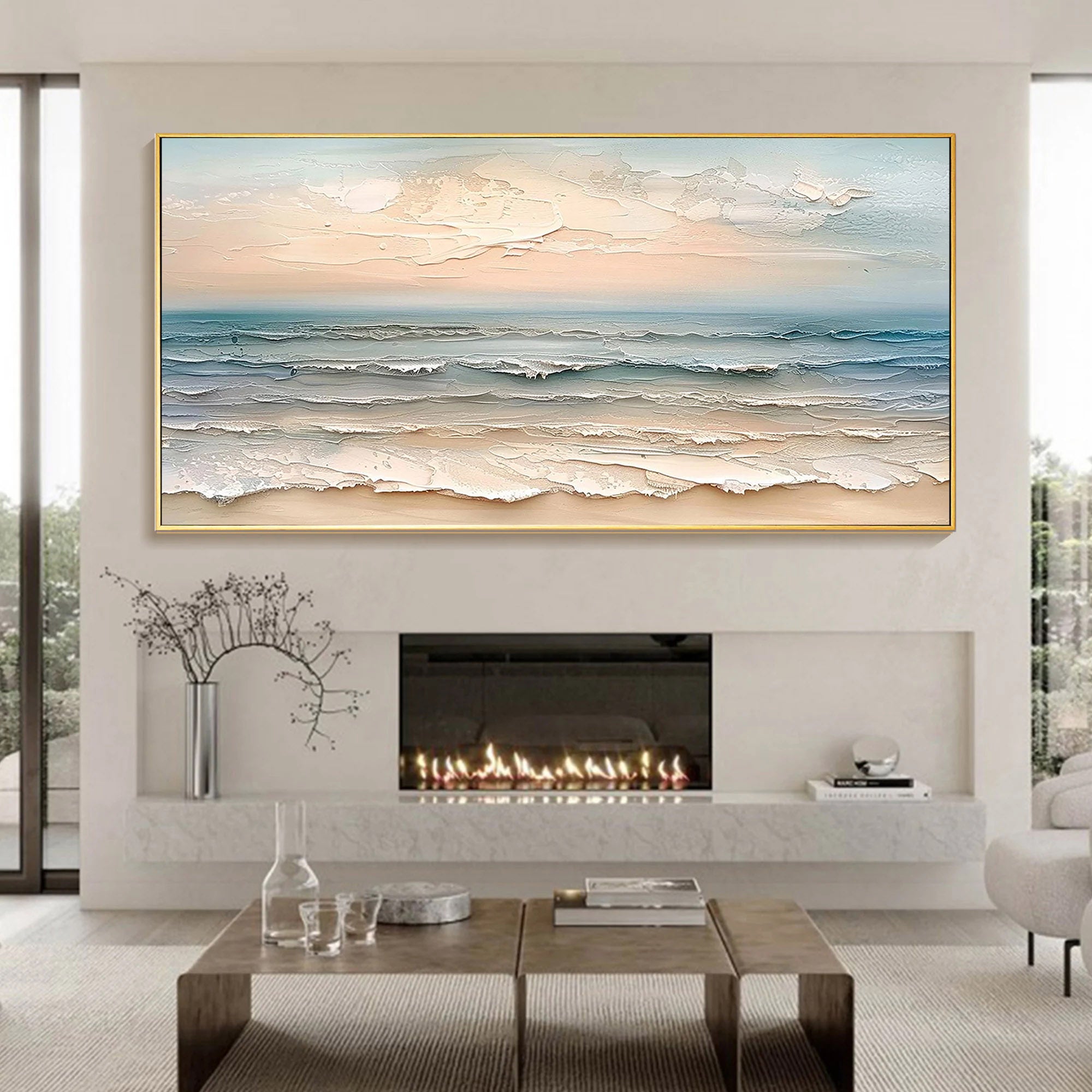 Ocean Whispers – Modern Creamy Coastal Seascape Textured Painting | Large Horizontal Living Room Art