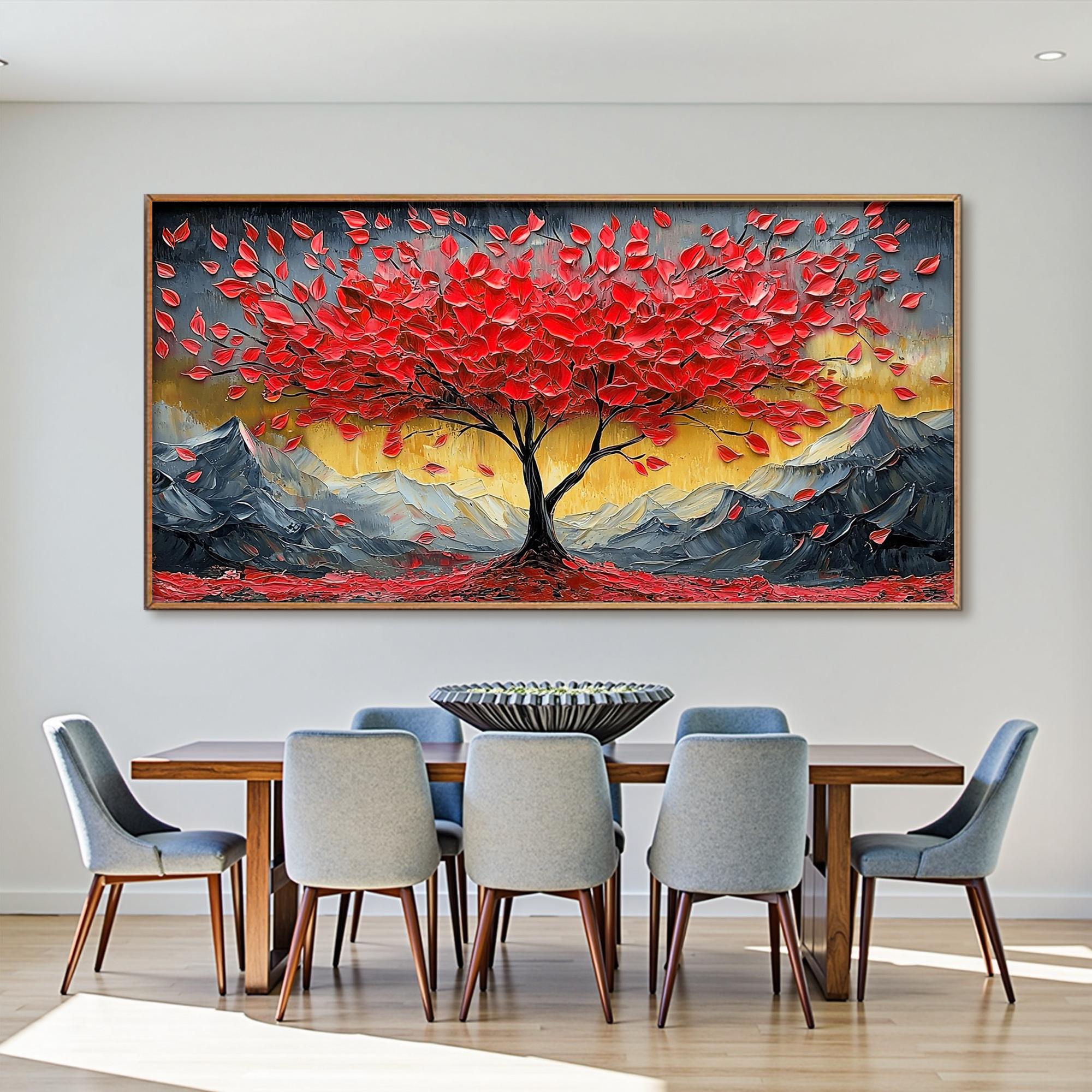 Crimson Peak – Hand-Painted Red Leaf Money Tree Snow Mountain Palette Knife Oil Tree Painting | Contemporary Mountain Living Room & Home Office Art