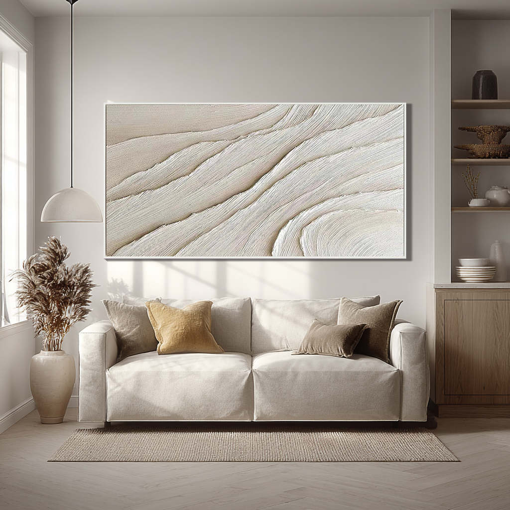 SILK STRATA: Minimalist Wall Art, Hand-Painted Horizontal Off-White Layered Plaster Relief 3D Textured Gallery Art