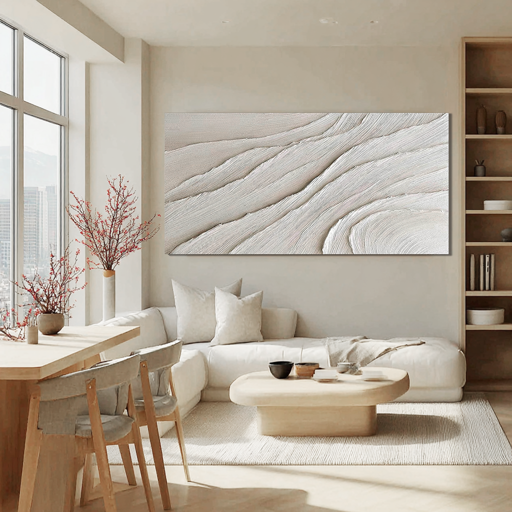 SILK STRATA: Minimalist Wall Art, Hand-Painted Horizontal Off-White Layered Plaster Relief 3D Textured Gallery Art