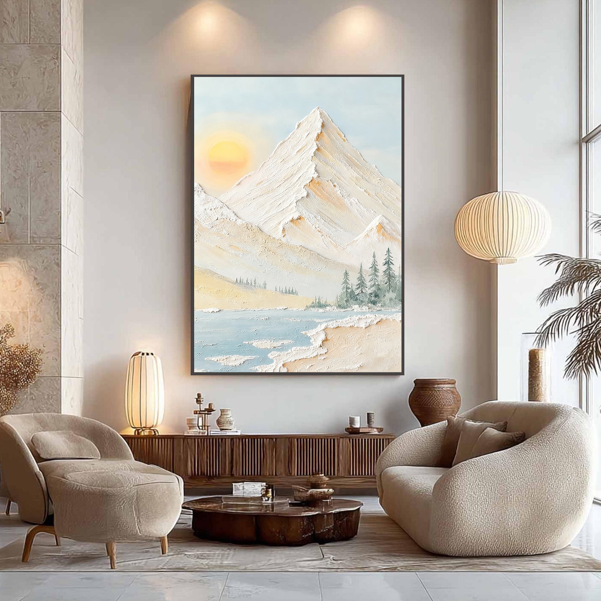Pale Daylight – Scandinavian Minimalist Sun & Mountain Impasto Painting | Serene Textured Landscape Living Room Art