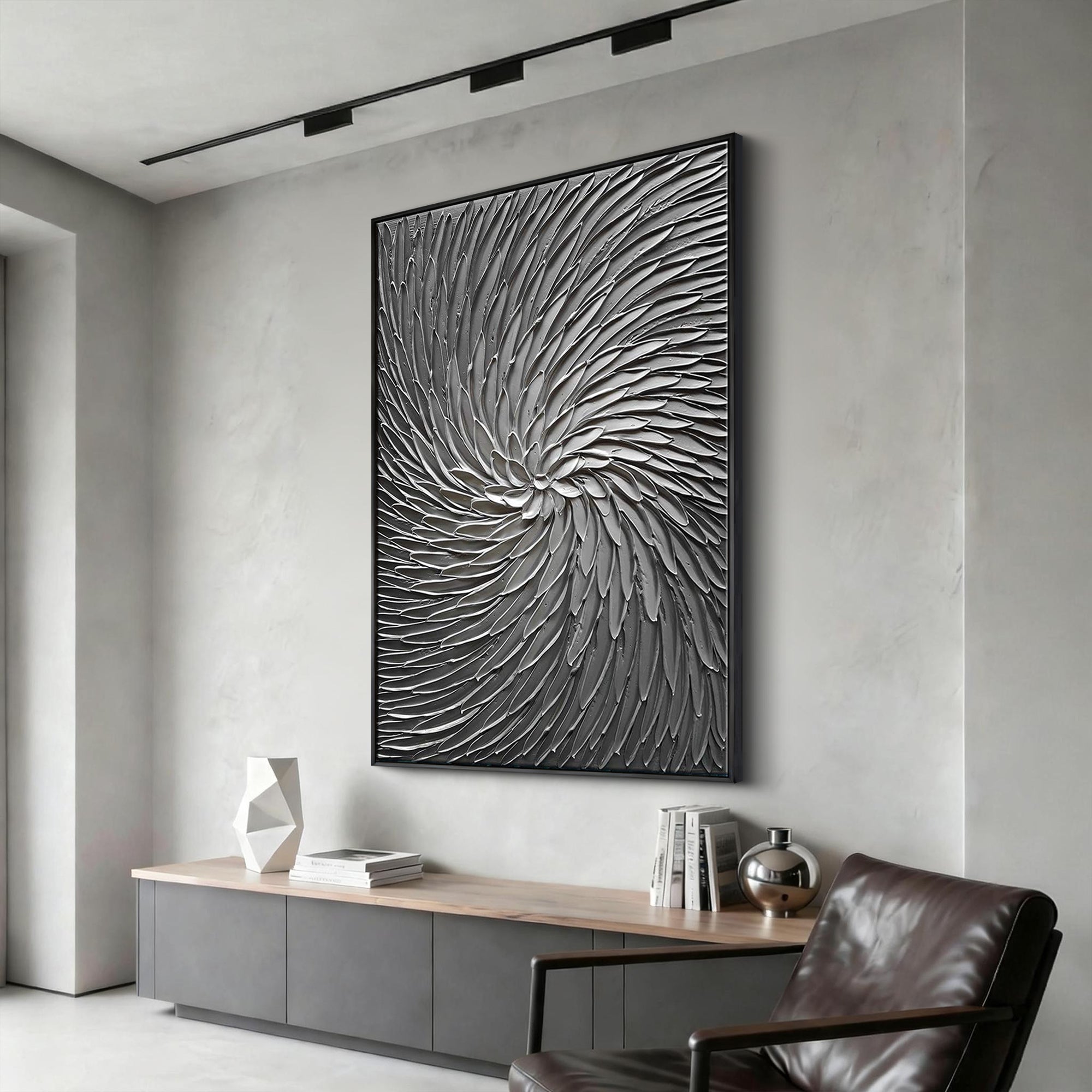 Silver Cyclone – Modern Architectural Gray Heavy Impasto Painting | Luxury Minimalist HallwayArt
