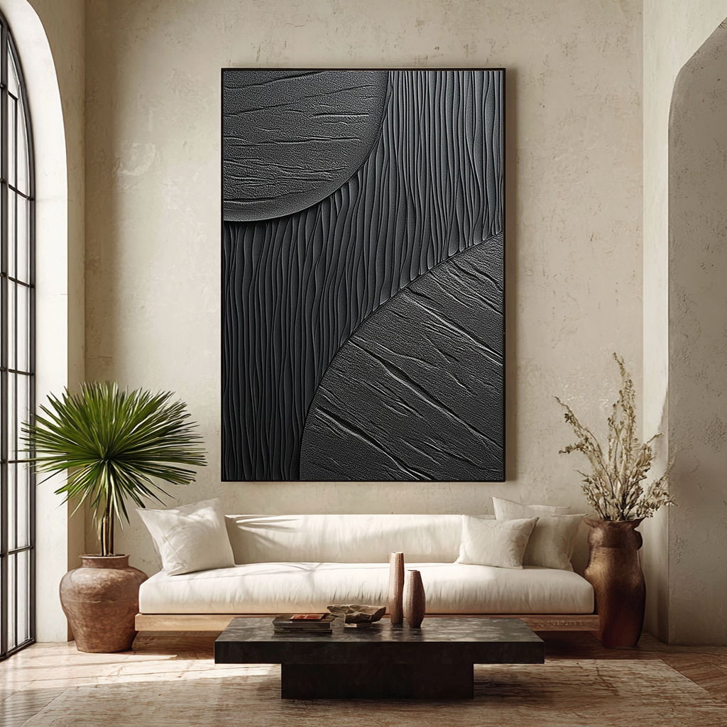 Shadow Texture – Hand-Painted All-Black Minimalist Mixed Plaster Relief Texture Painting | Bold Minimalist Bedroom & Home Office Art