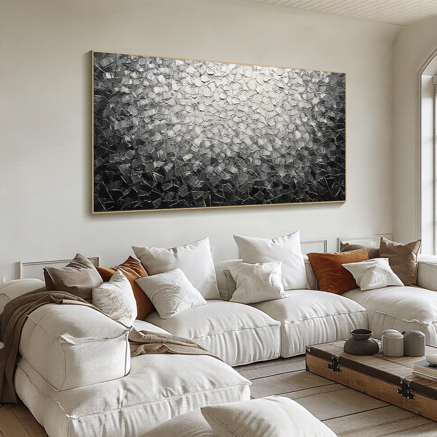 Silver Matrix – Modern Grayscale Relief Texture Painting | Contemporary Plaster Texture Living Room & Office Art