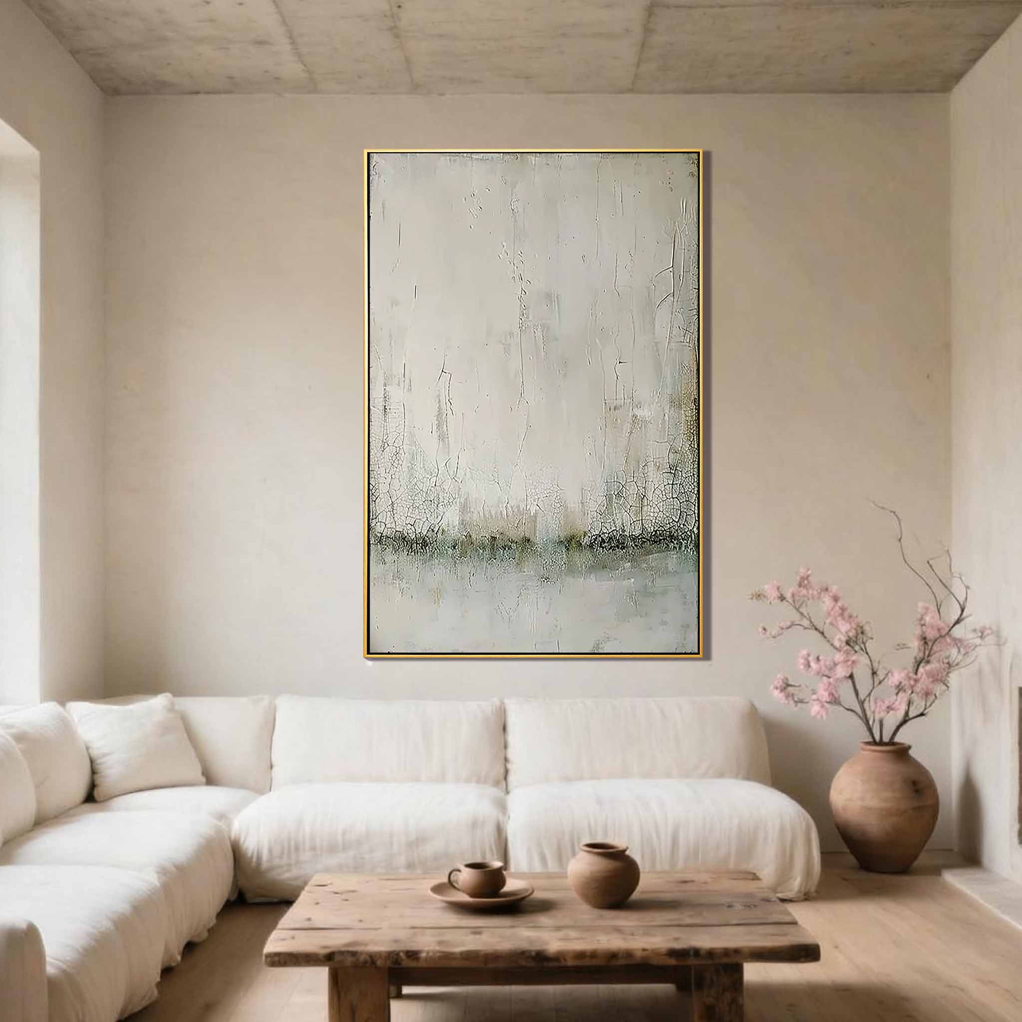 Creamy Silence – Hand-Painted Minimalist Beige Distressed Plaster Effect Wabi-Sabi Painting | Japandi Organic Wabi-Sabi Living Room & Hallway Art