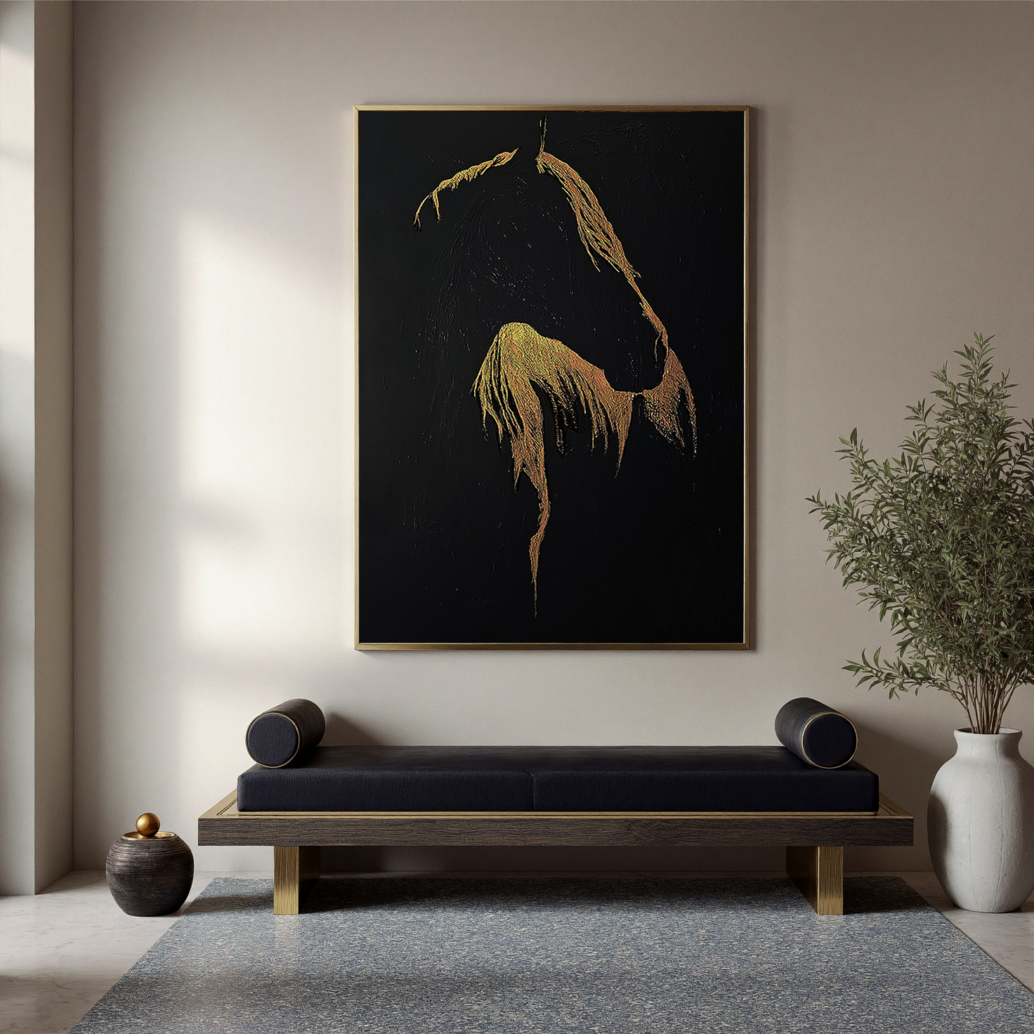 Golden Silhouette – Luxury Black and Gold Horse Painting | Minimalist Textured Animal Living Room Art