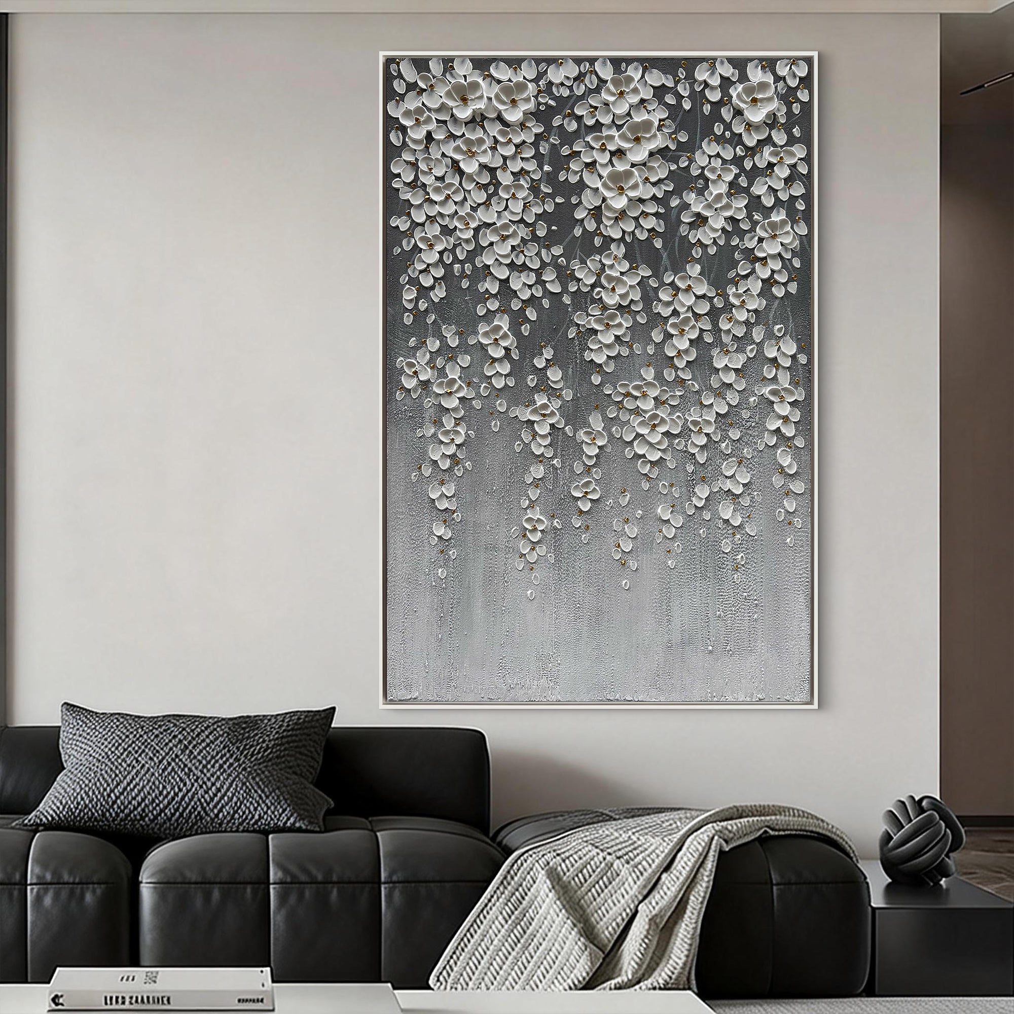 Cascading Bloom – Ombre Grey Floral Relief Texture Painting | Contemporary Botanical Bedroom & Living Room Art