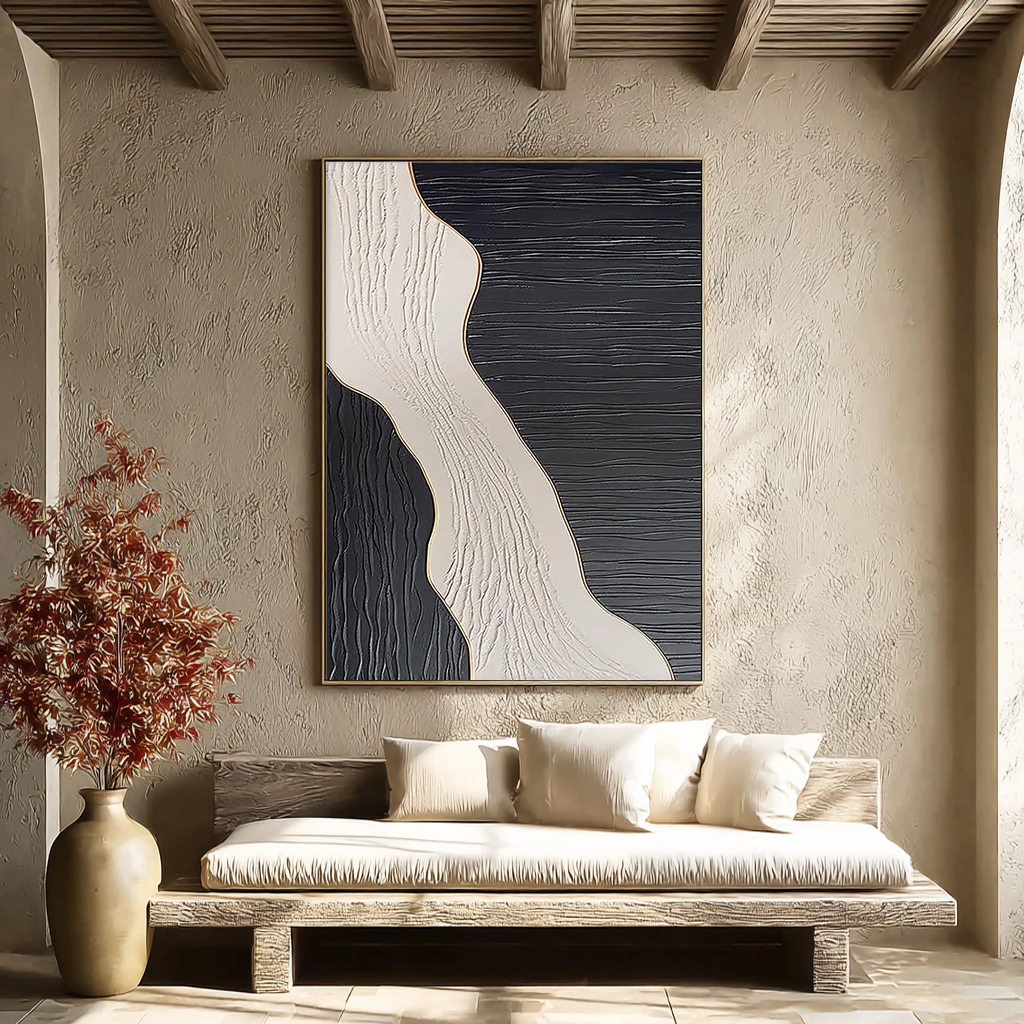 MONOCHROME PULSE: Wabi-sabi Linear Texture Art, Heavy Impasto Black & White Sculptural Painting